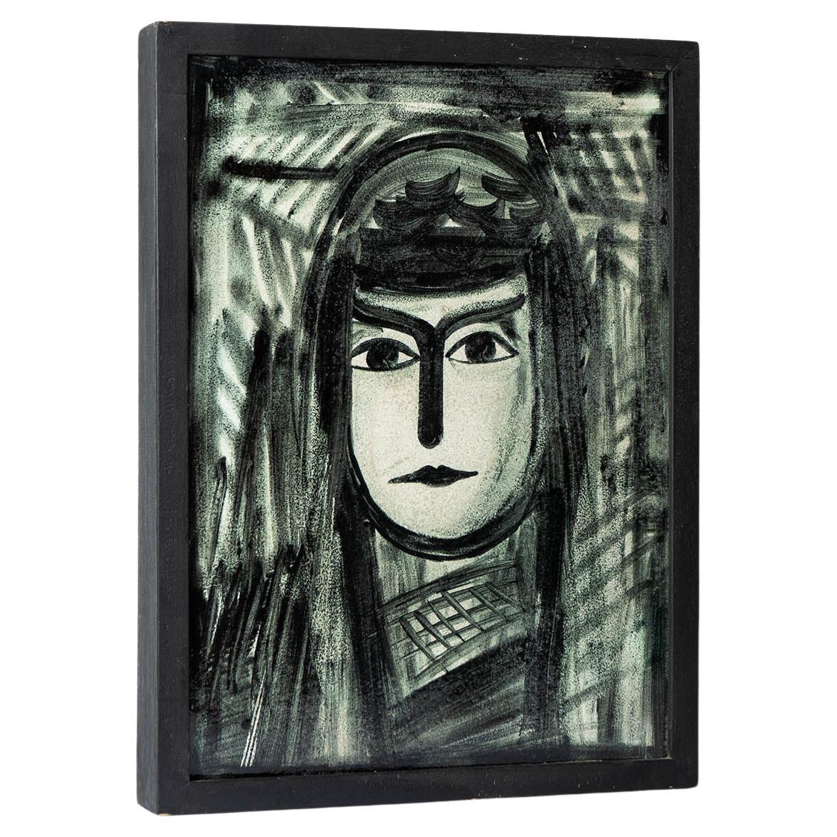 Vintage Hand Painted Ceramic Plaque Portrait, Framed Large Tile Painting For Sale