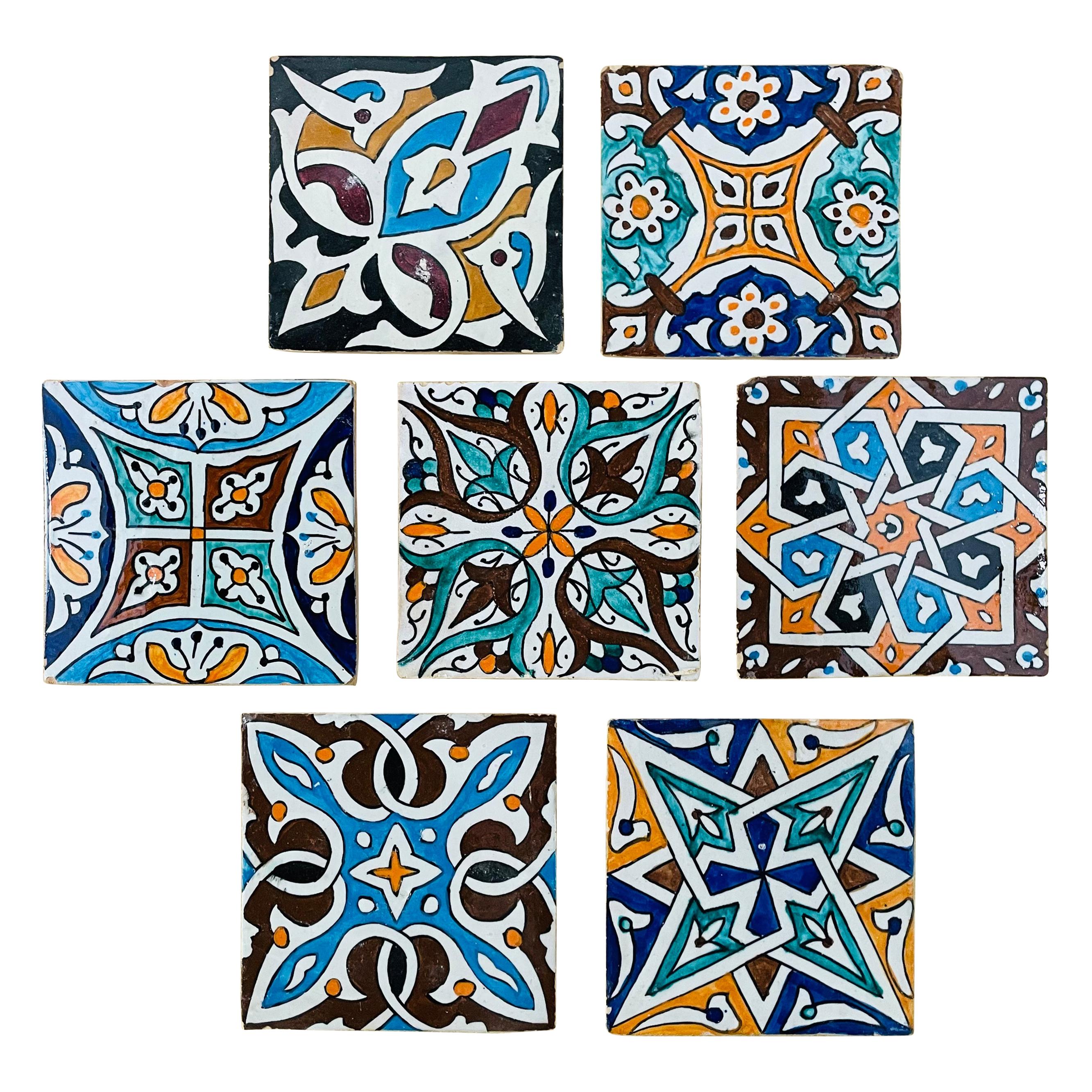 Vintage Hand Painted Ceramic Square Coasters or Decorative Tiles, Set