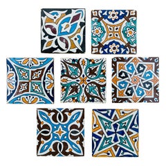 Vintage Hand Painted Ceramic Square Coasters or Decorative Tiles, Set of 7