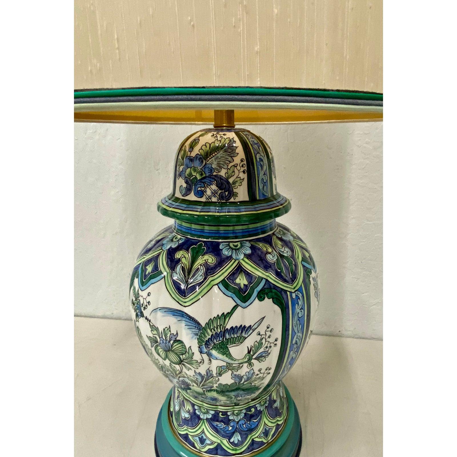 20th Century Vintage Hand Painted Ceramic Table Lamp with Original Shade by Marbro For Sale