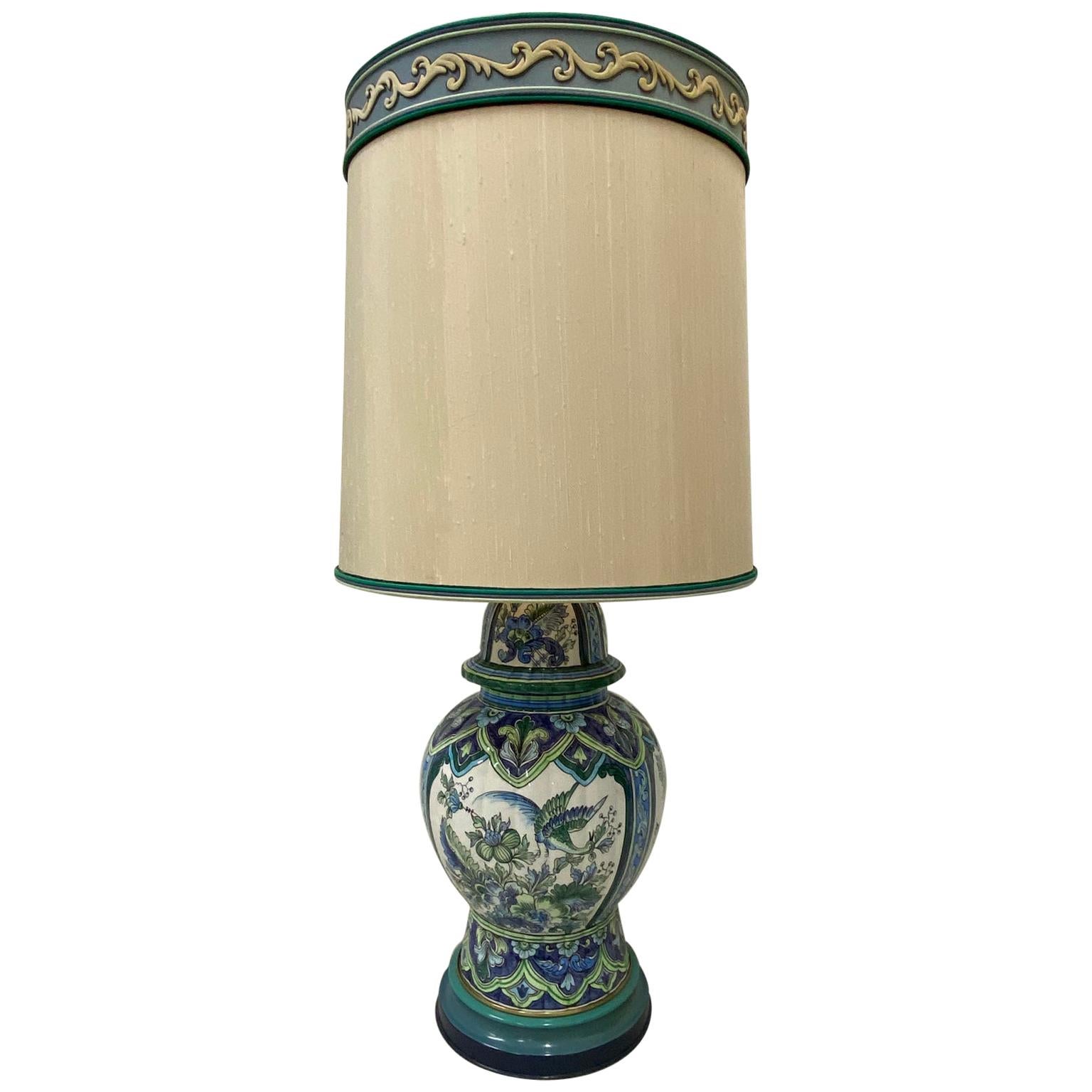Vintage Hand Painted Ceramic Table Lamp with Original Shade by Marbro