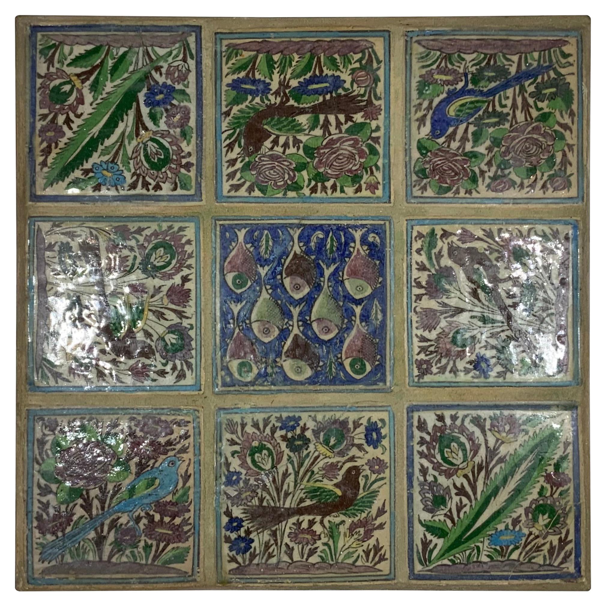 Vintage Hand Painted Ceramic Tiles Wall Hanging For Sale