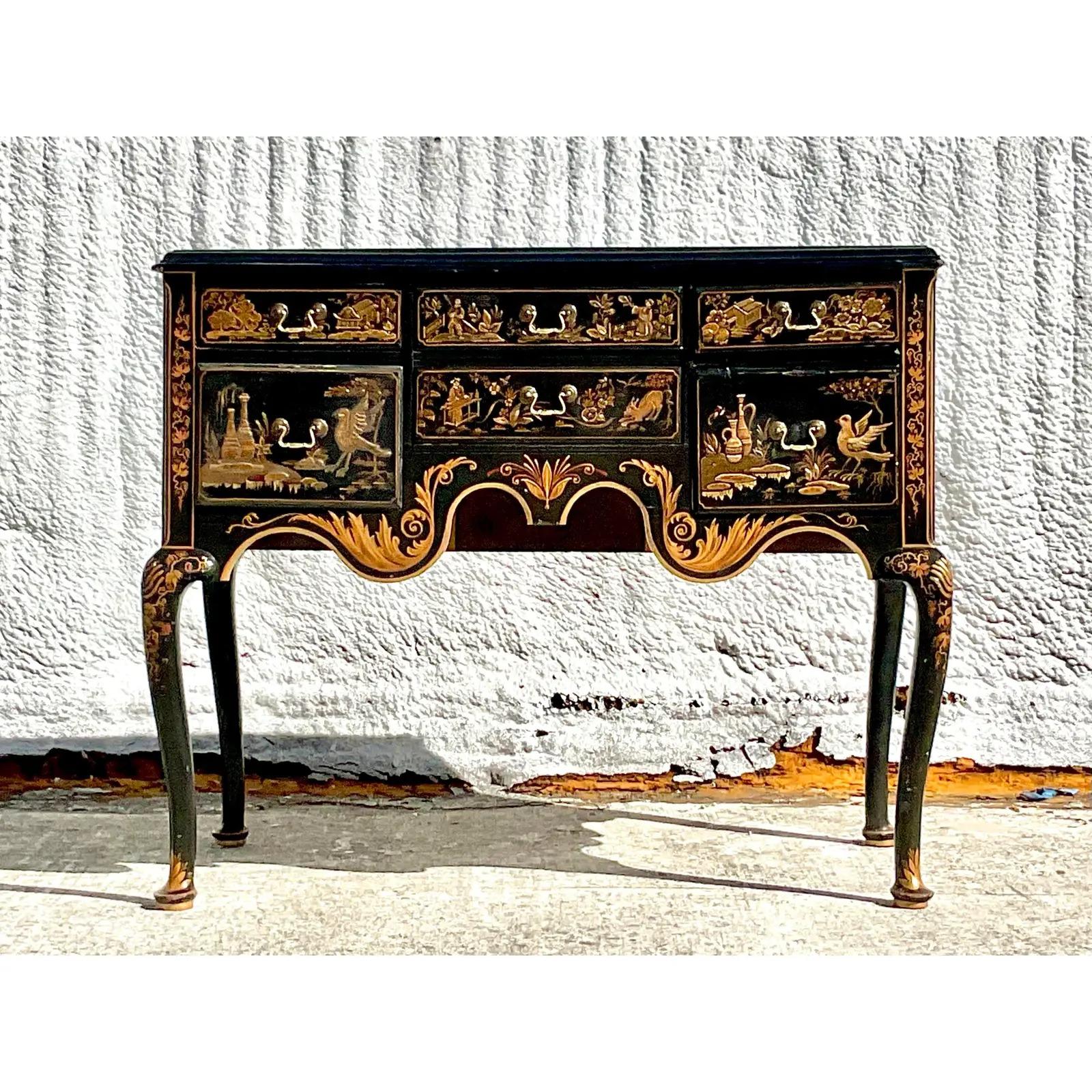 Vintage Hand Painted Chinoiserie Lowboy 4