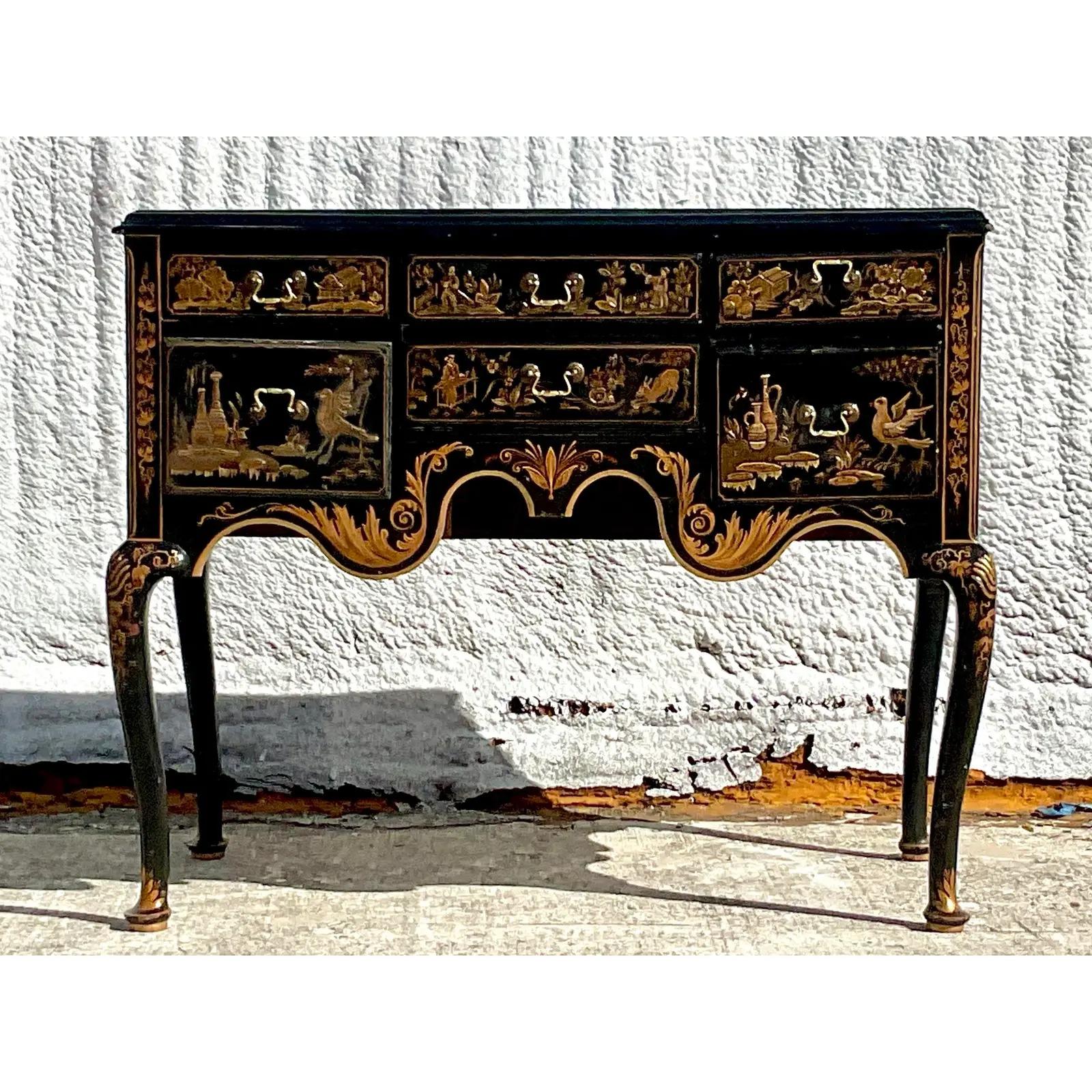 Lacquer Vintage Hand Painted Chinoiserie Lowboy