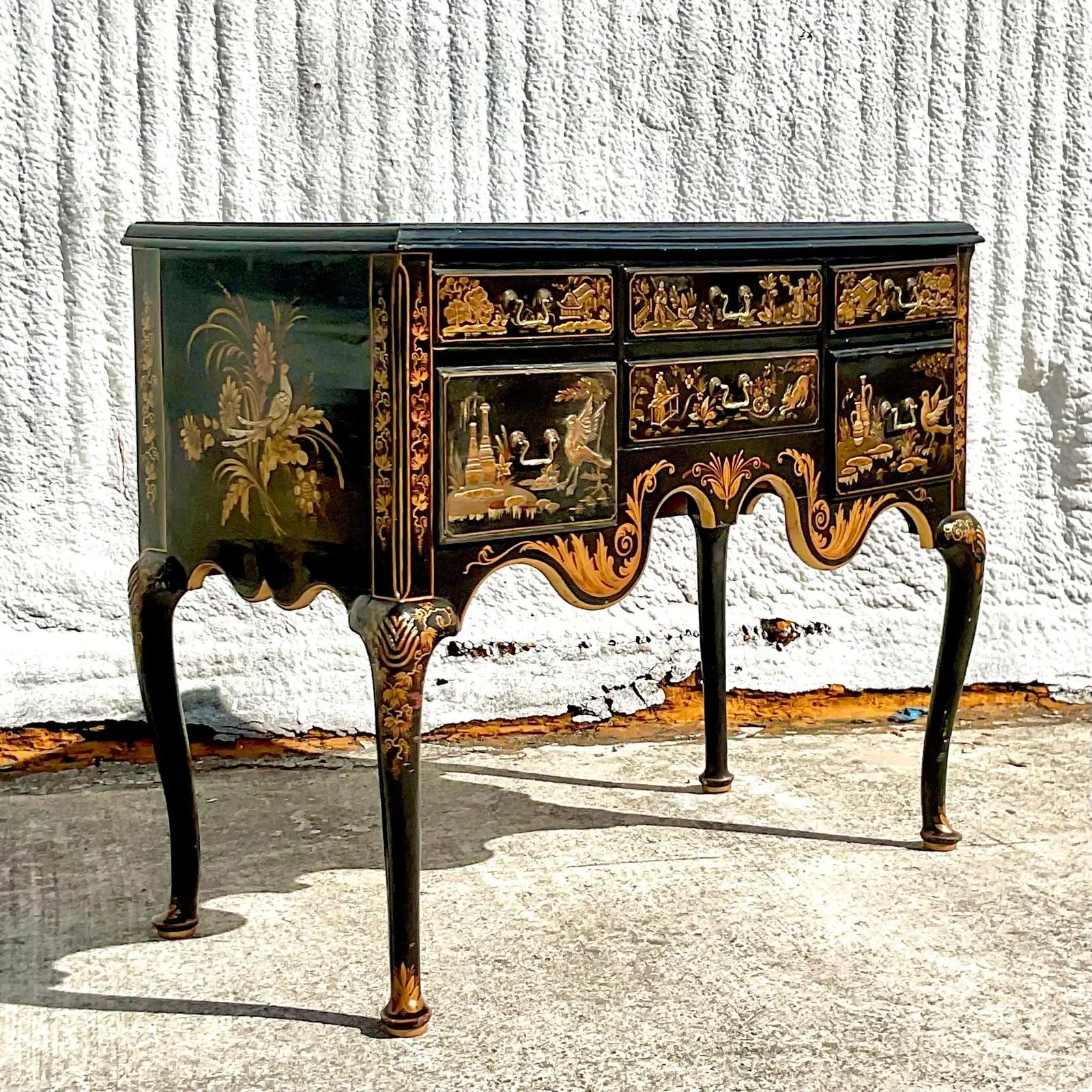 Vintage Hand Painted Chinoiserie Lowboy 2
