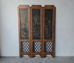 Vintage Hand Painted Chinoiserie Style 3 Panel Divider Screen