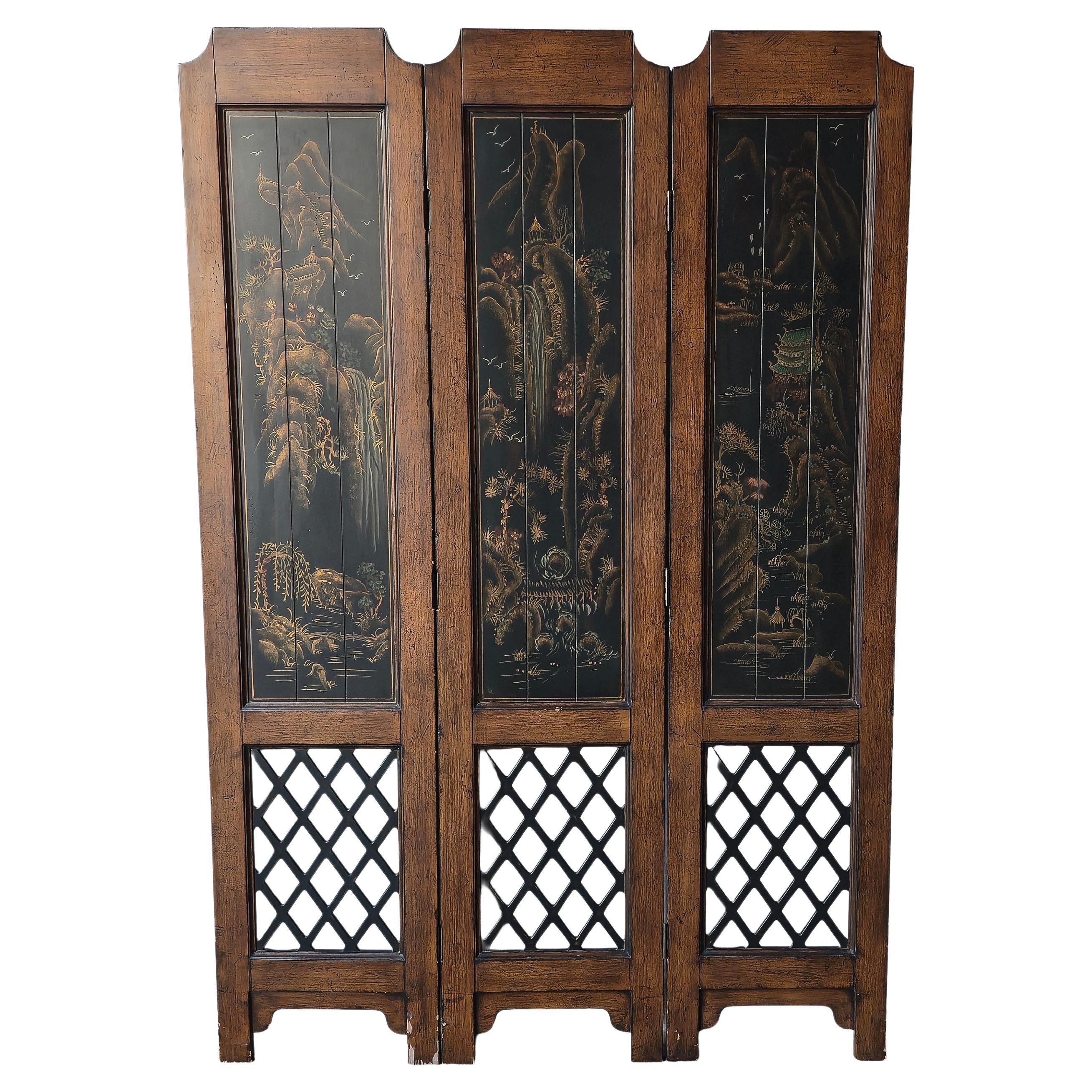 Vintage Hand Painted Chinoiserie Style 3 Panel Divider Screen