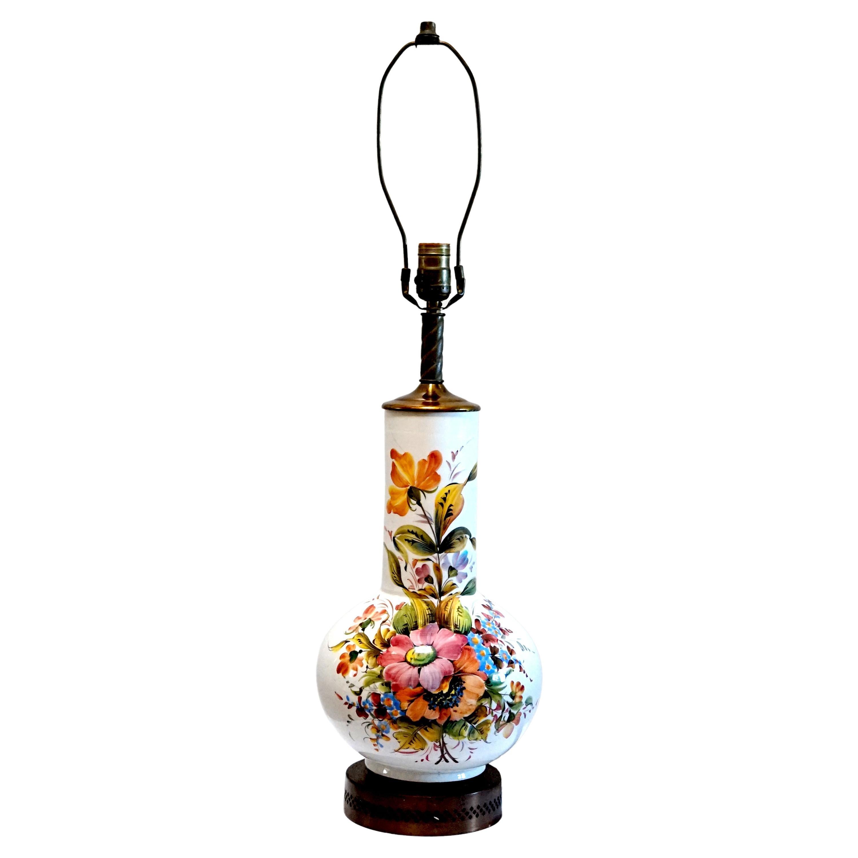 Vintage Hand Painted Chinoiserie White Ground Multicolor Floral Bottle Vase Lamp