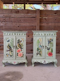 Vintage Hand-Painted Coastal Folk Art Cabinets-Botanical & Animal Motifs-Pair