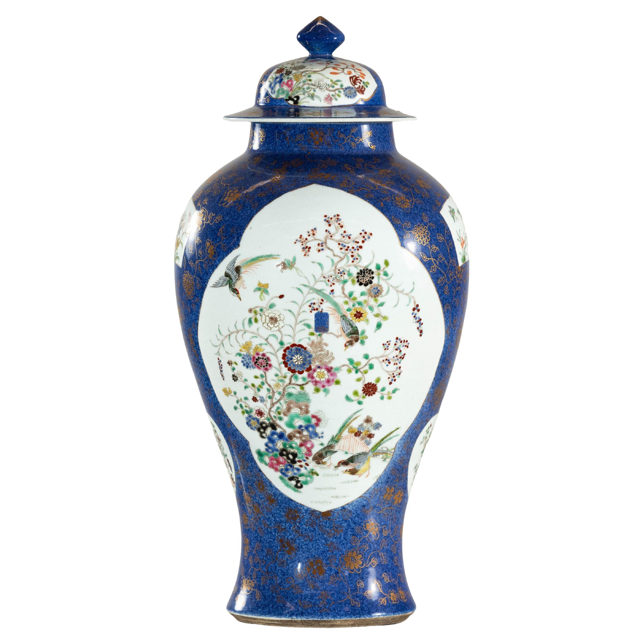 Vintage Hand-Painted Cobalt Blue Ginger Jar with Floral and Bird Motifs