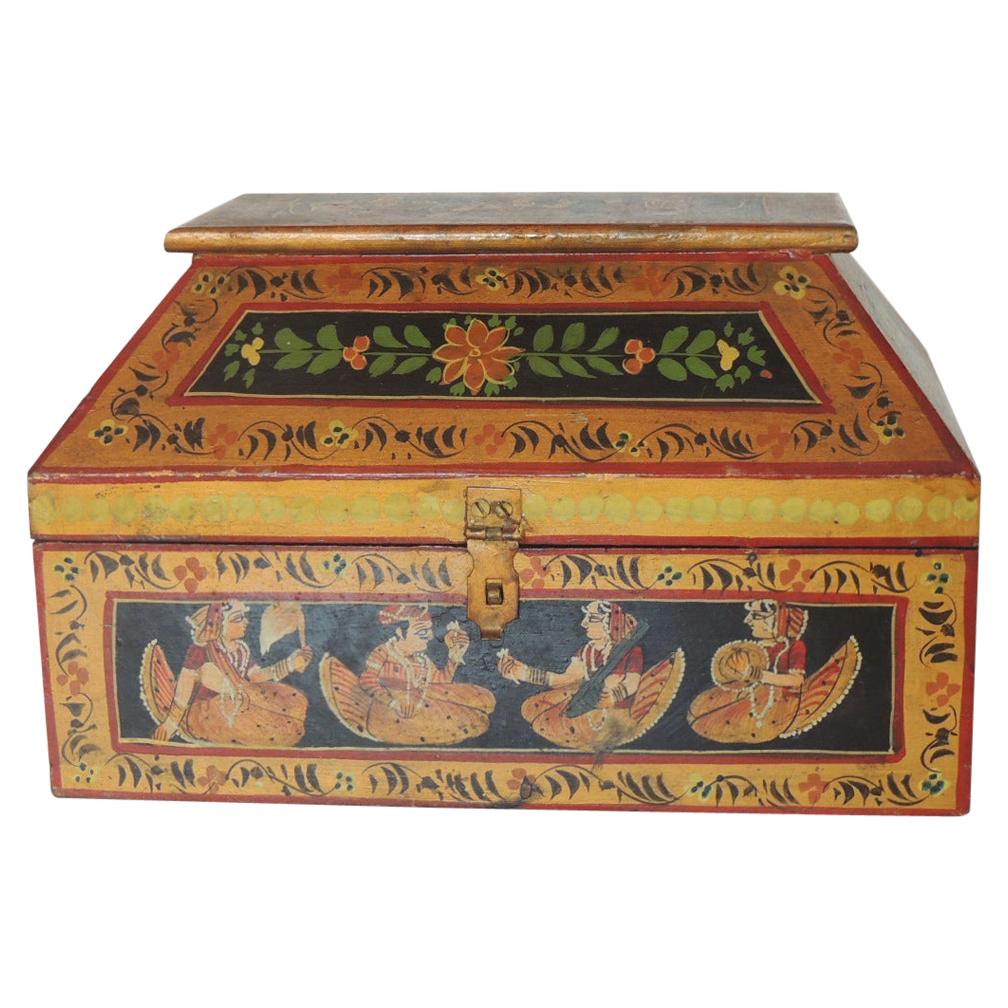 Vintage Hand Painted Colorful Indian Wooden Box with Lid