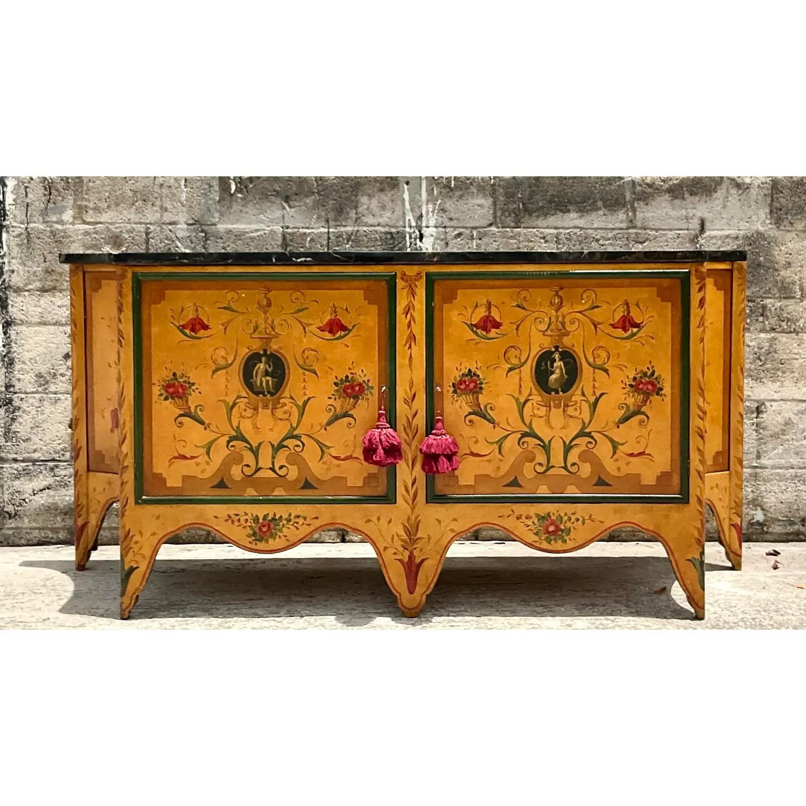 Vintage Hand Painted Credenza With Stone Top 4