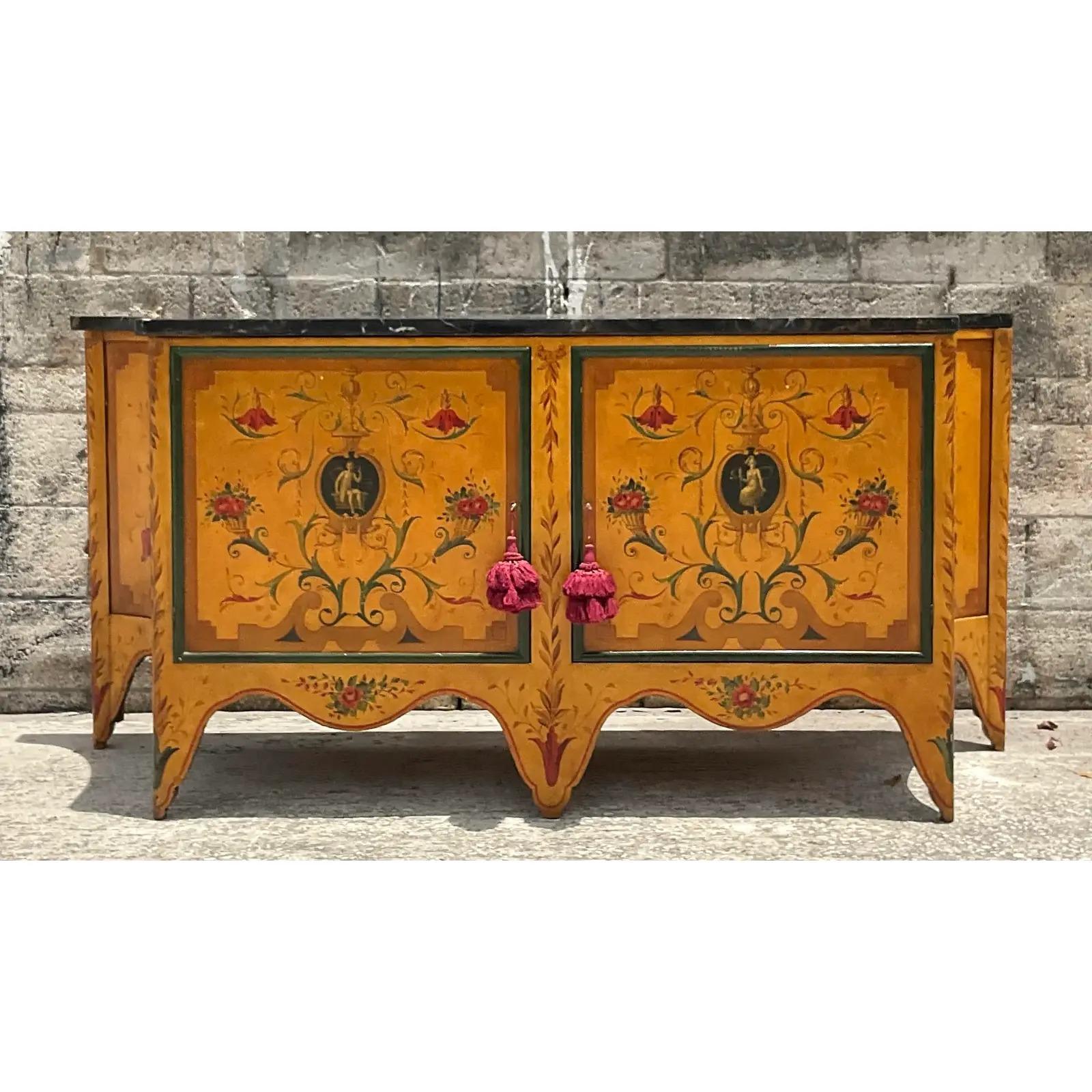 20th Century Vintage Hand Painted Credenza With Stone Top