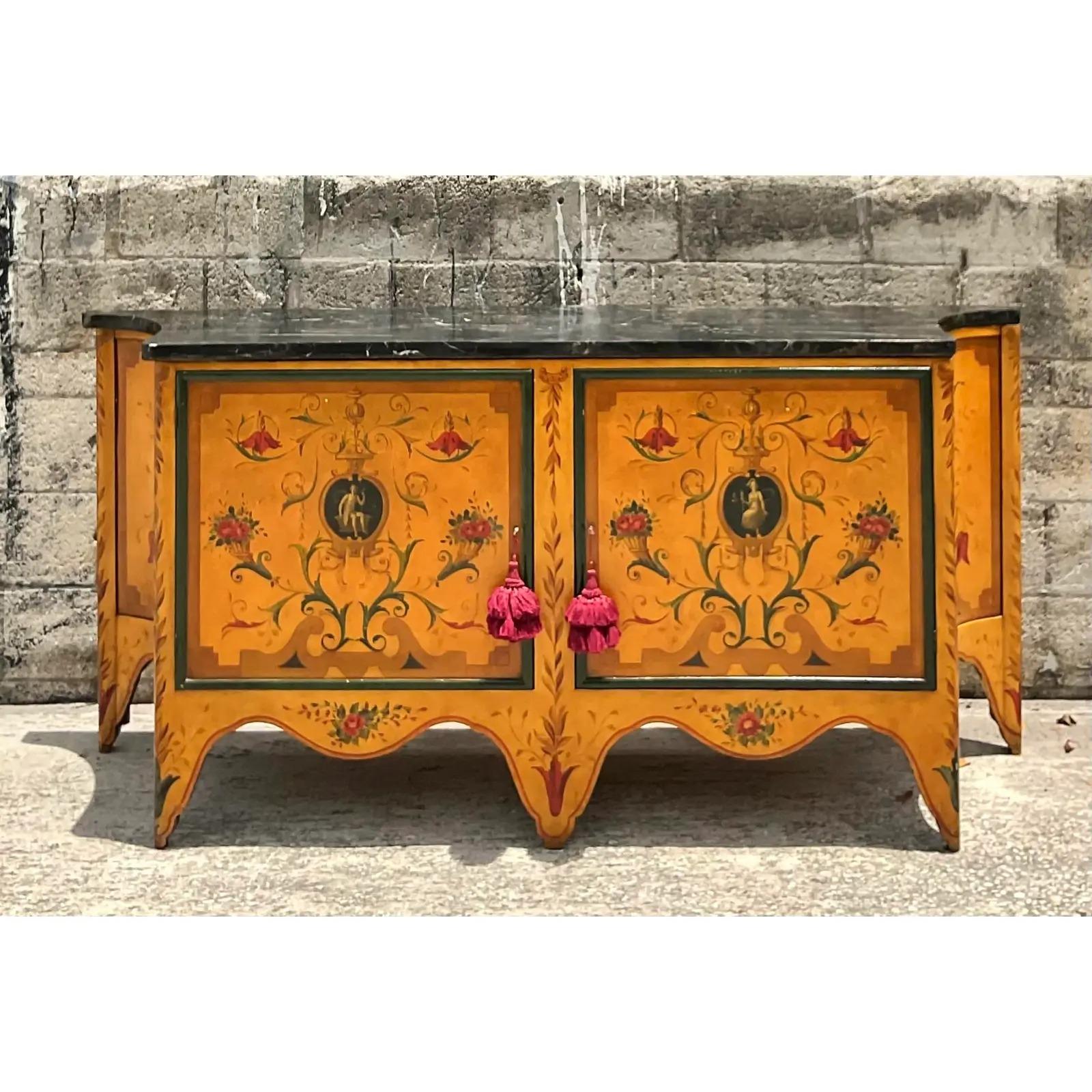 Vintage Hand Painted Credenza With Stone Top 1