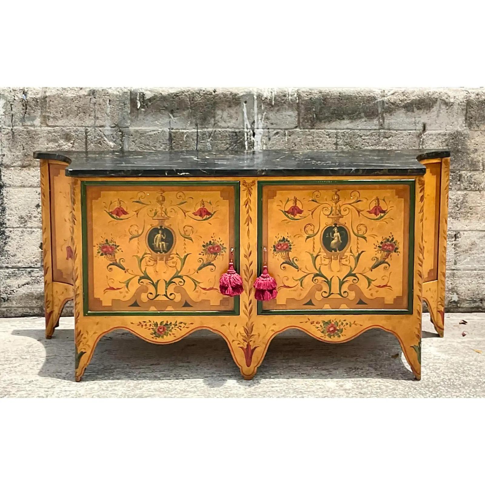 Vintage Hand Painted Credenza With Stone Top 2