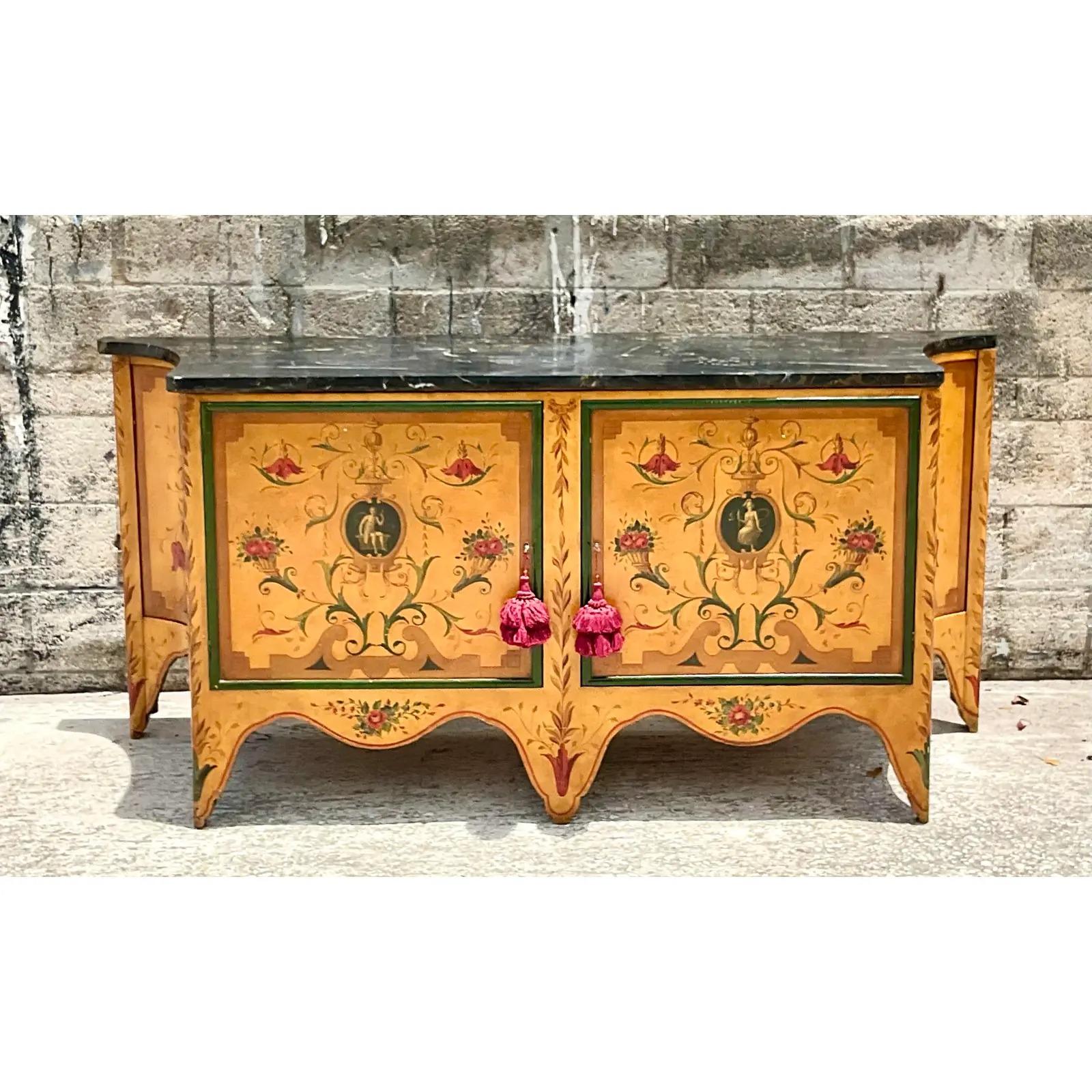 Vintage Hand Painted Credenza With Stone Top 3
