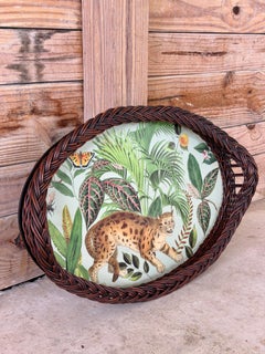 Vintage Hand Painted & Decoupaged Rattan Leopard Oval Serving Tray