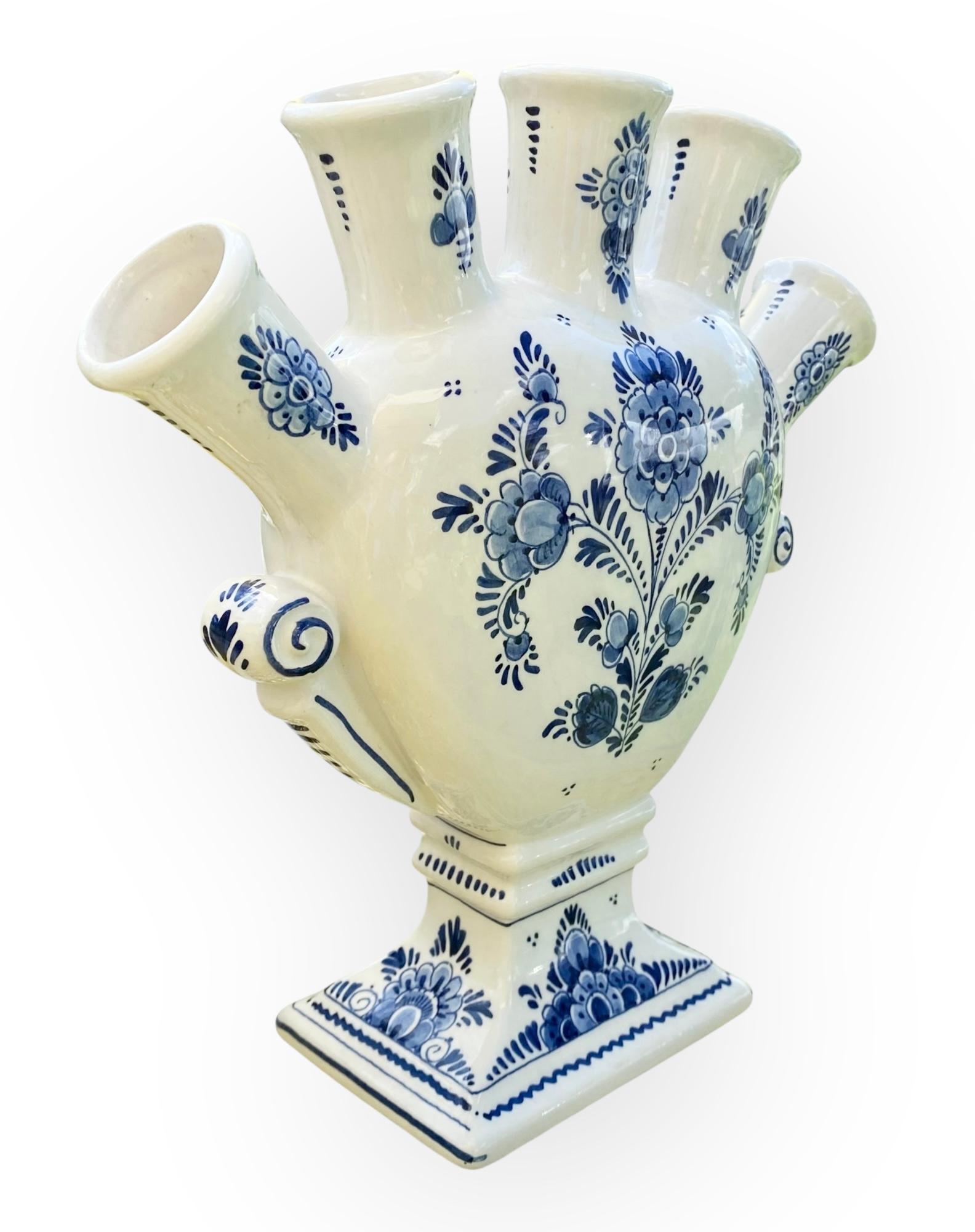 Mid-Century Modern Vintage Hand Painted Delft Five Spout Tulipiere Vase For Sale