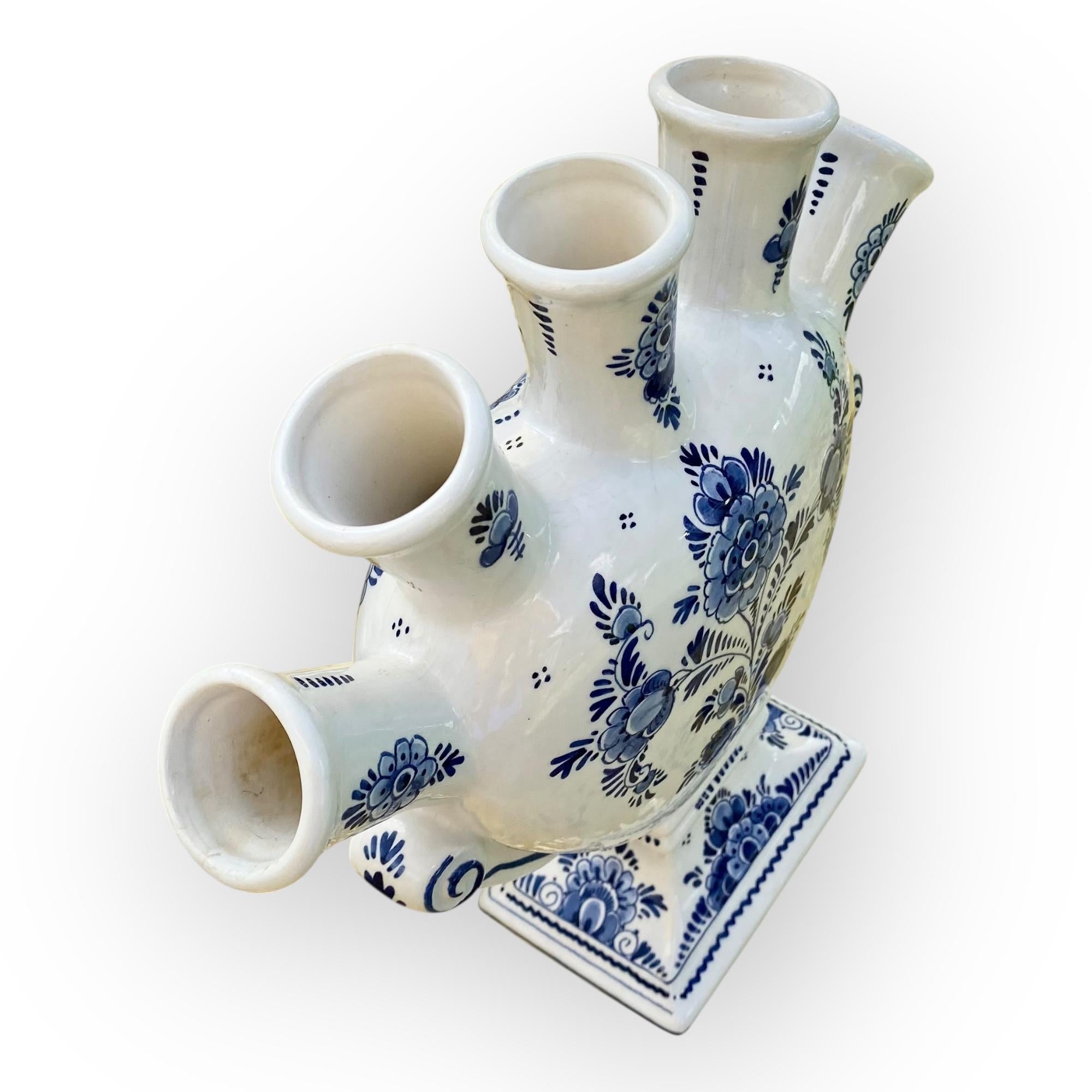 Dutch Vintage Hand Painted Delft Five Spout Tulipiere Vase For Sale