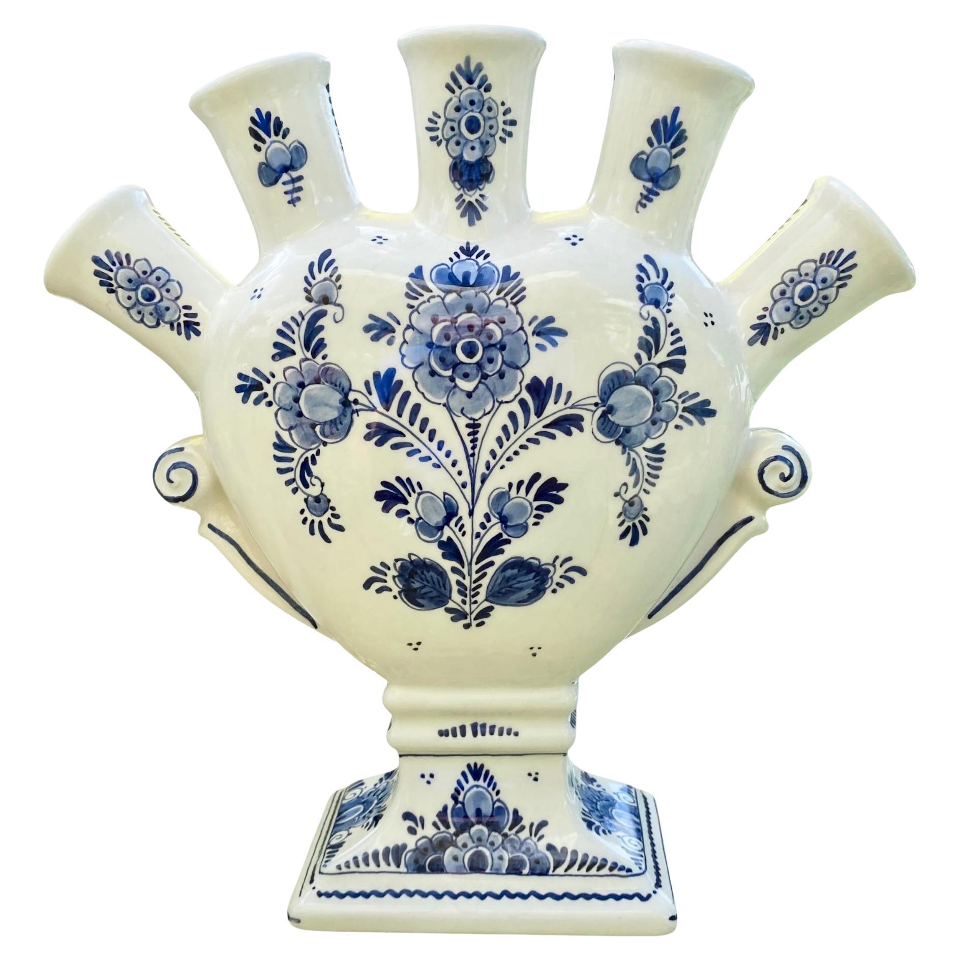 Vintage Hand Painted Delft Five Spout Tulipiere Vase For Sale