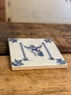 Vintage Hand Painted Delfts Blawe Ceramic Tile With Old Dutch Children’s Games.