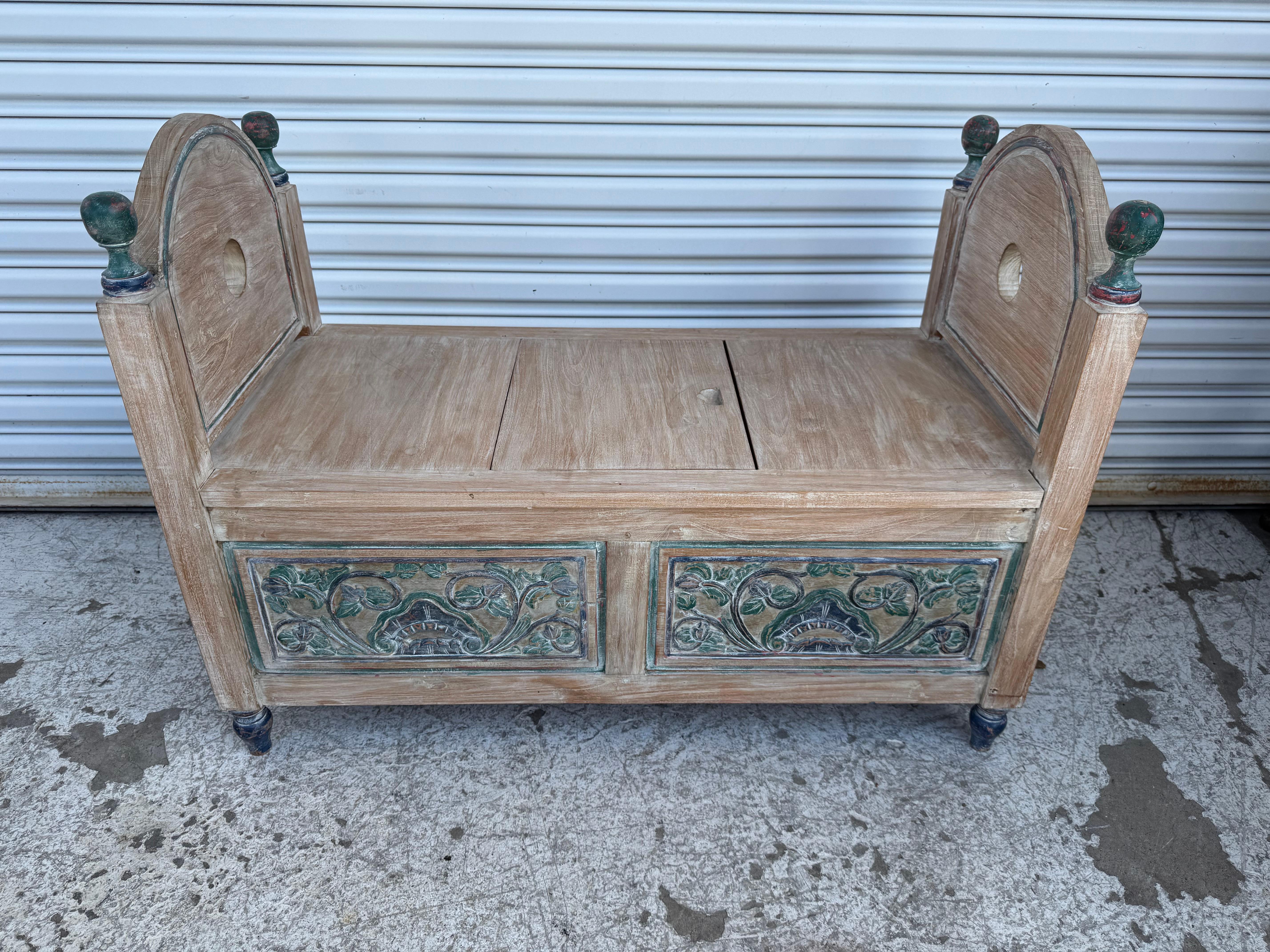 This Dowery Chest holds dual purposes.
It also serves as a bench. The inside is made of cedar.
The outer is hand painted . The shape of this chest
is unusual and unique.