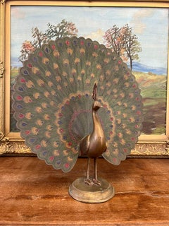 Vintage hand painted, Etched possibly brass Peacock Sculpture Statuette.