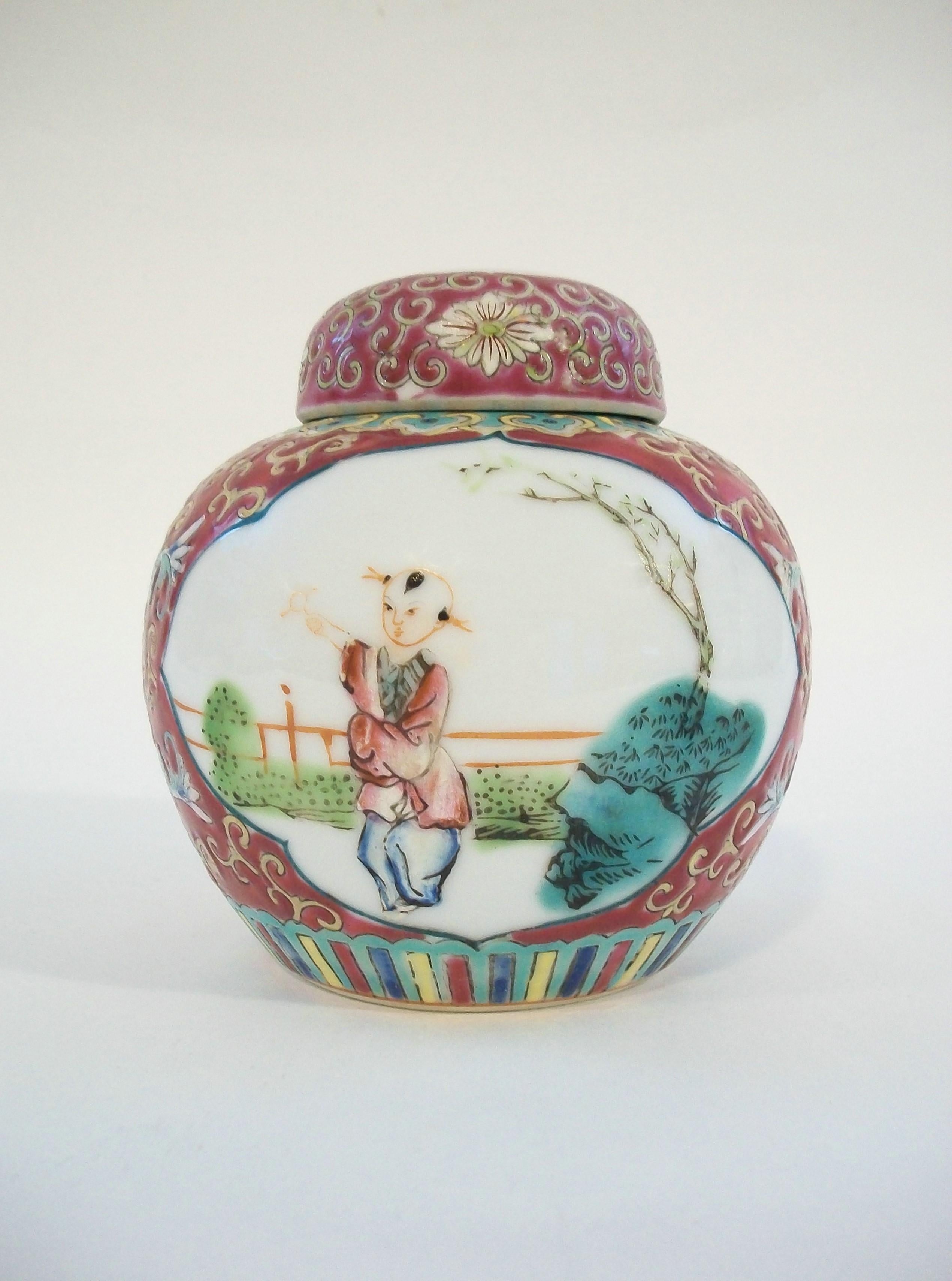 Chinese Export Vintage Hand Painted Famille Rose Porcelain Ginger Jar - China - Mid 20th C. For Sale