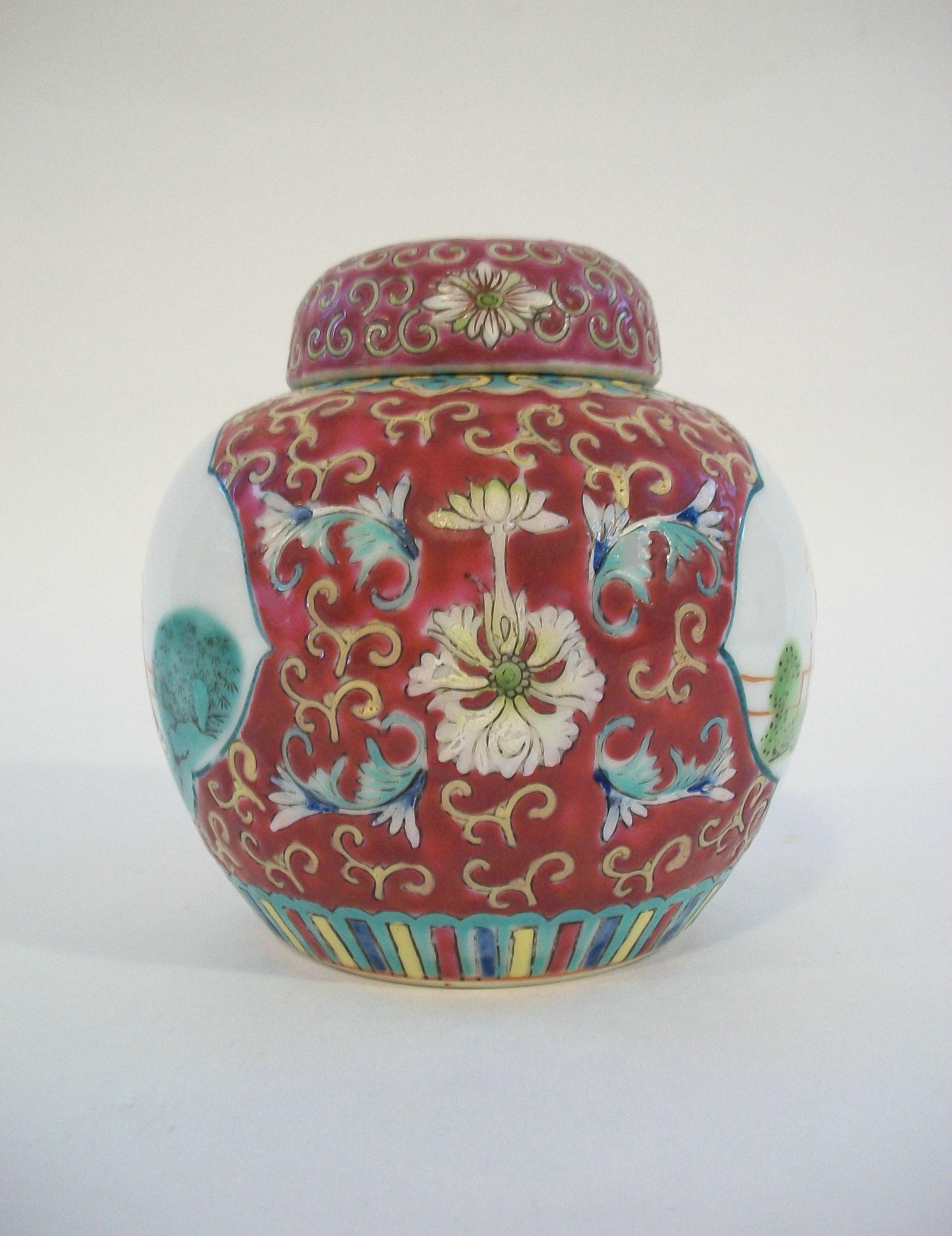 Chinese Vintage Hand Painted Famille Rose Porcelain Ginger Jar - China - Mid 20th C. For Sale