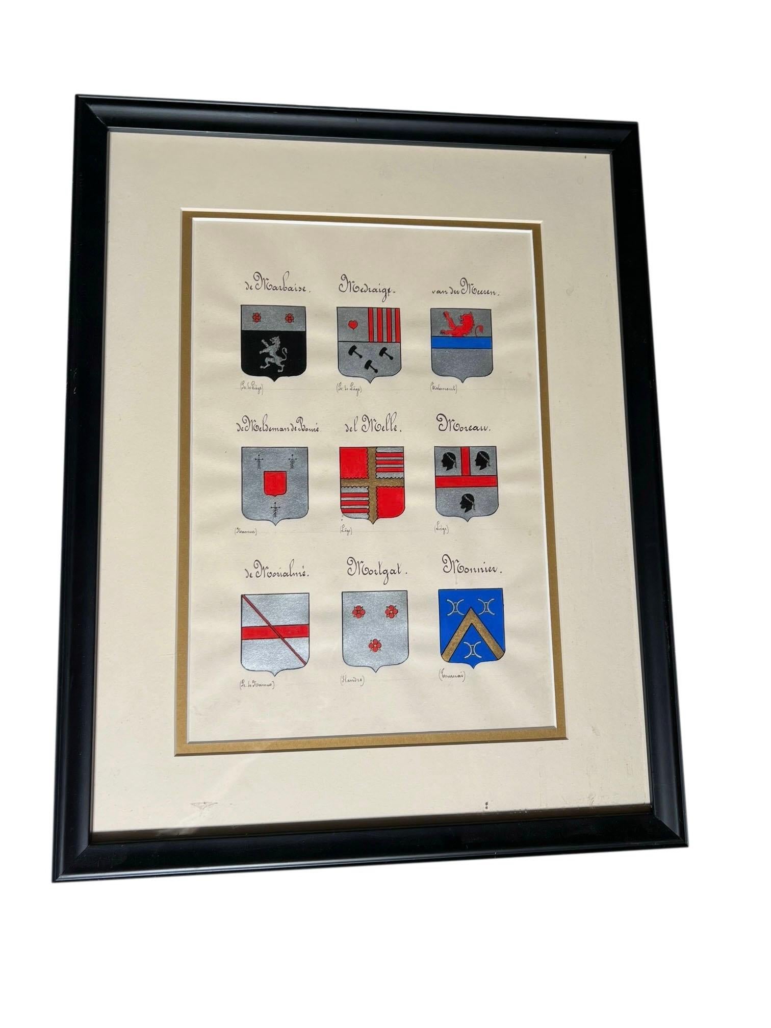 Each of the four frames depicts a set of hand painted family crest. These are a wonderful collection of crest and display beautifully together or can be hung separately. The colors are nice and bright and many with gilt. Matted and framed. United