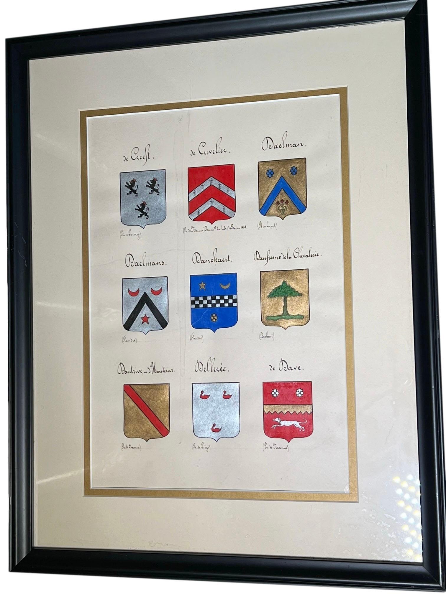 British Vintage Hand Painted Family Crest In Black Frames - Set of Four For Sale
