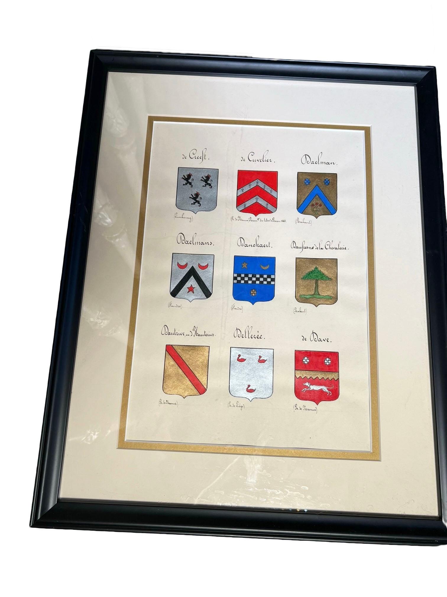 Vintage Hand Painted Family Crest In Black Frames - Set of Four In Good Condition For Sale In Dallas, TX