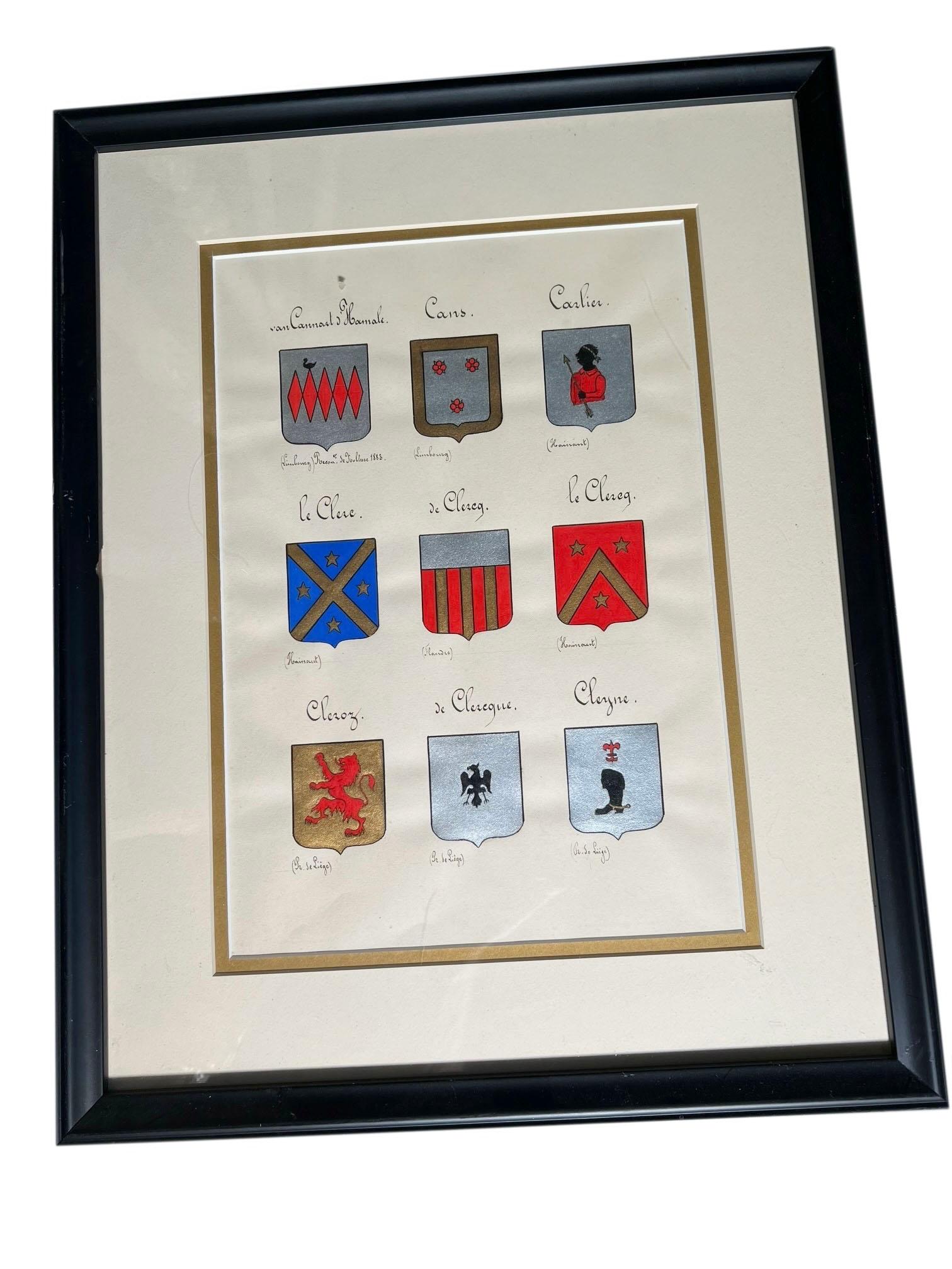 Late 19th Century Vintage Hand Painted Family Crest In Black Frames - Set of Four For Sale