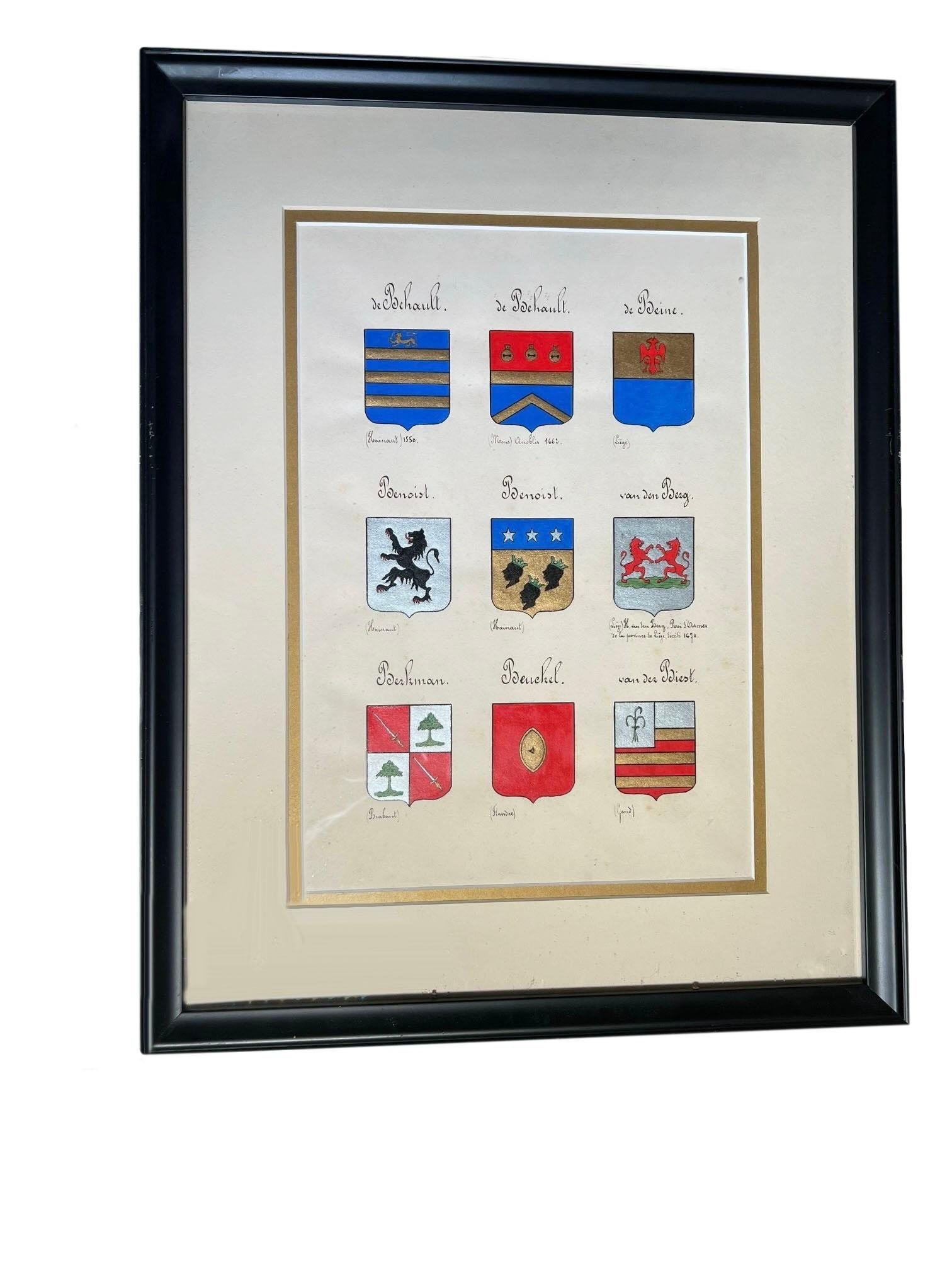 Vintage Hand Painted Family Crest In Black Frames - Set of Four For Sale 1