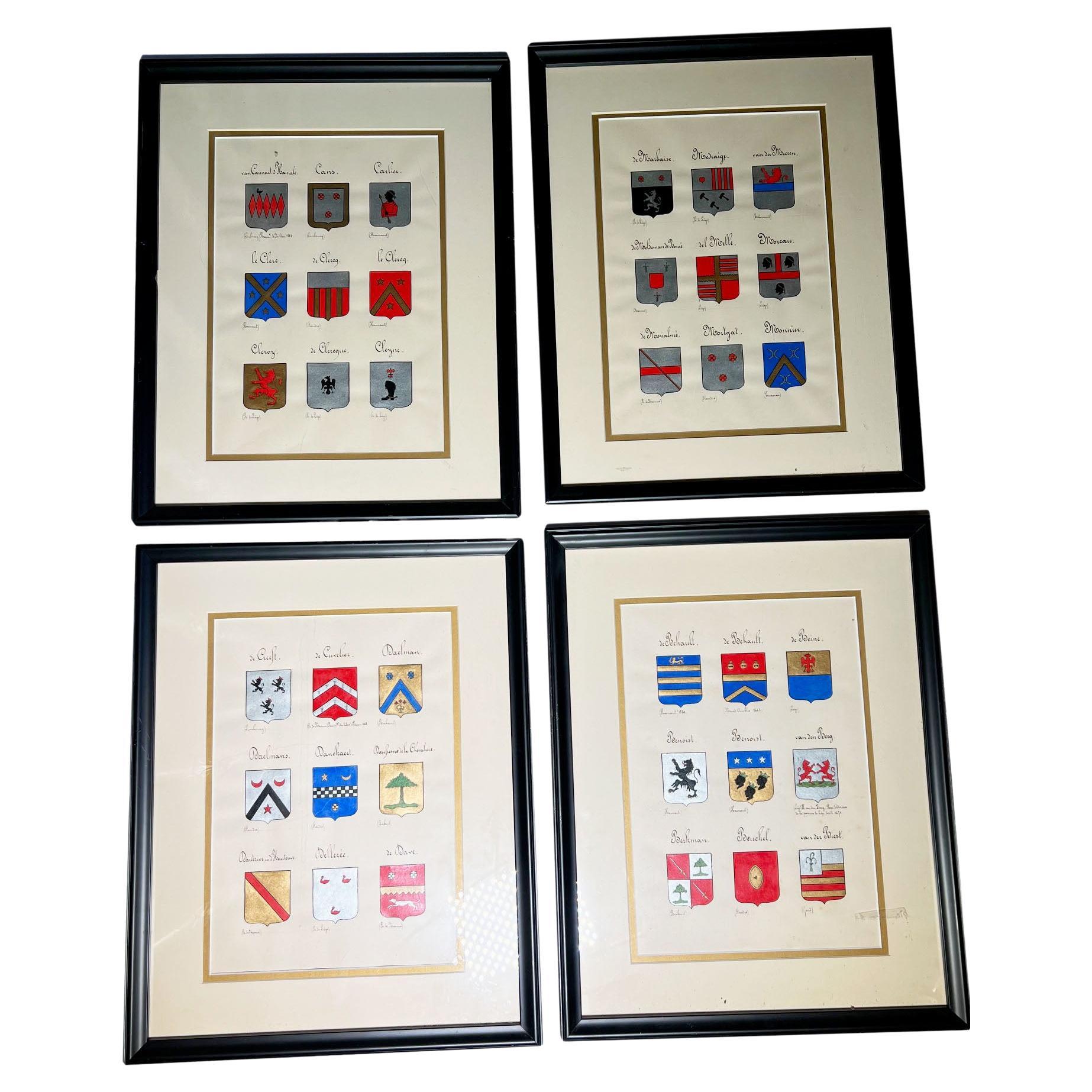 Vintage Hand Painted Family Crest In Black Frames - Set of Four