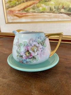 Vintage Hand-Painted Floral Creamer and Saucer Set with Gold Trim