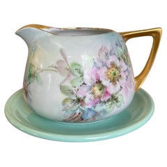 Vintage Hand-Painted Floral Creamer and Saucer Set with Gold Trim