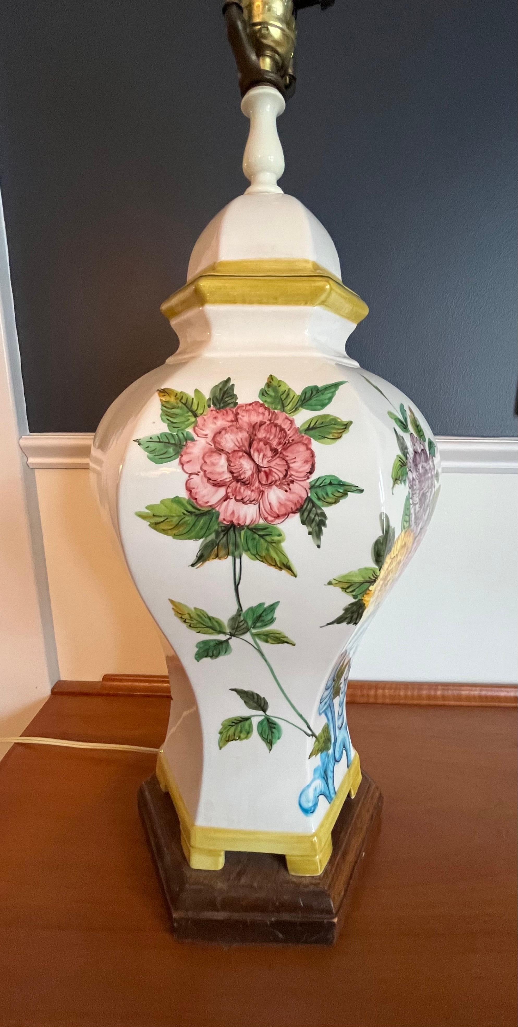 Hollywood Regency Vintage Hand Painted Floral Ginger Jar Lamp For Sale