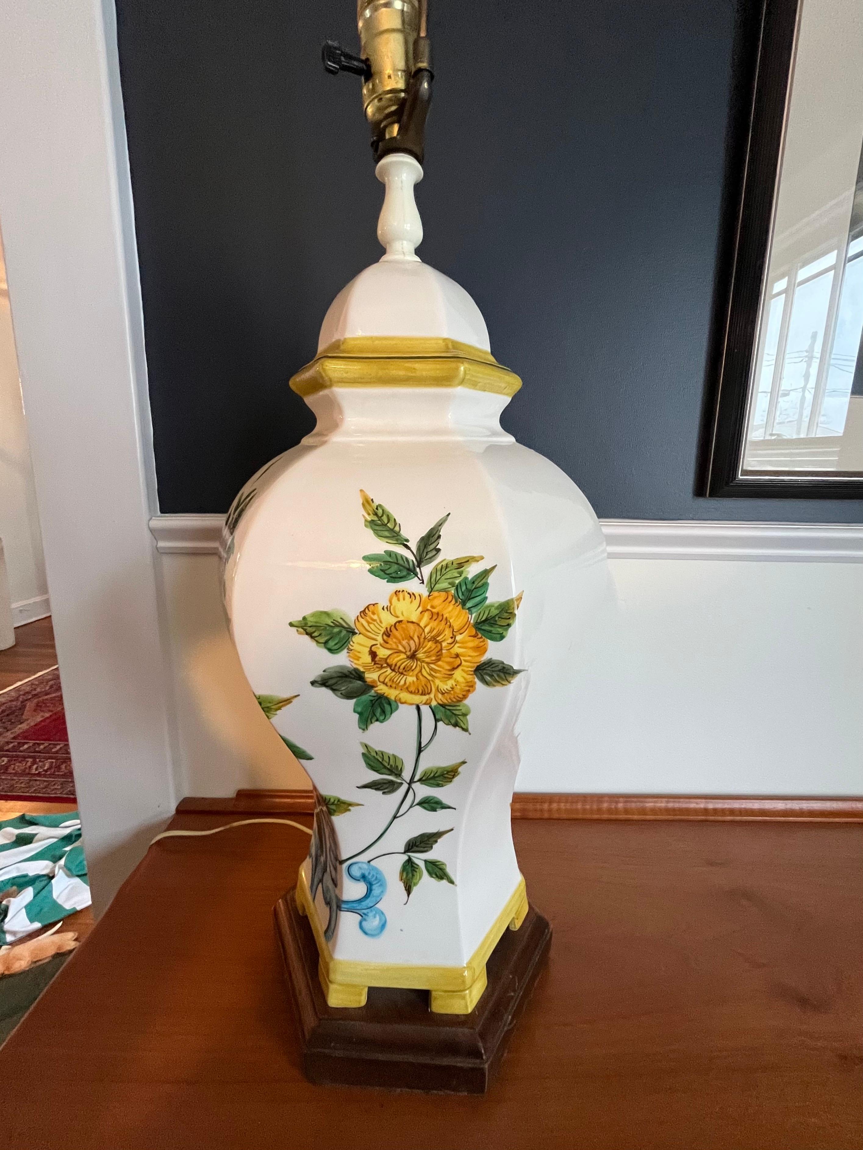Hand-Painted Vintage Hand Painted Floral Ginger Jar Lamp For Sale