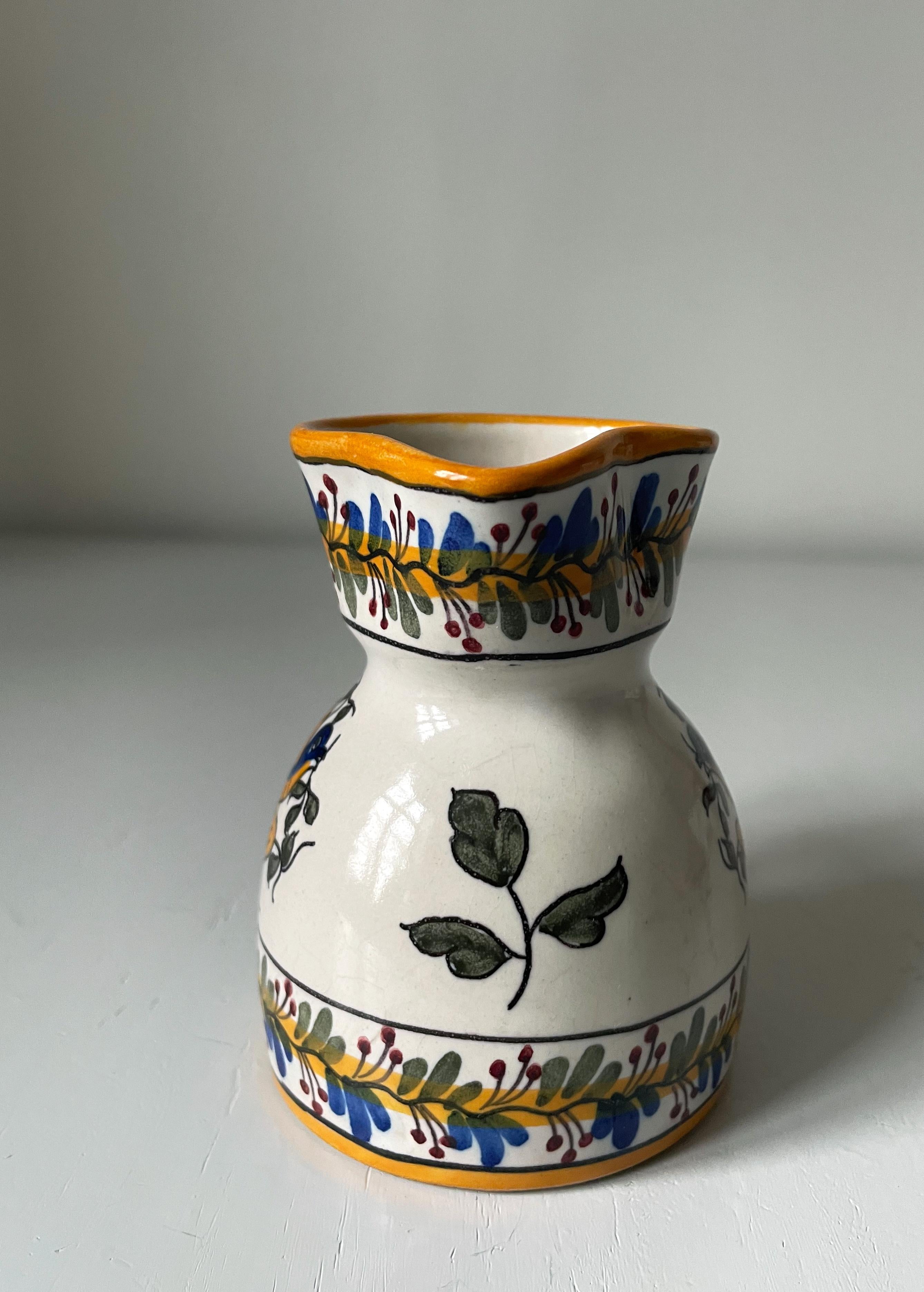 Hand-Painted Vintage 1960s Portuguese Floral Pitcher Vase For Sale