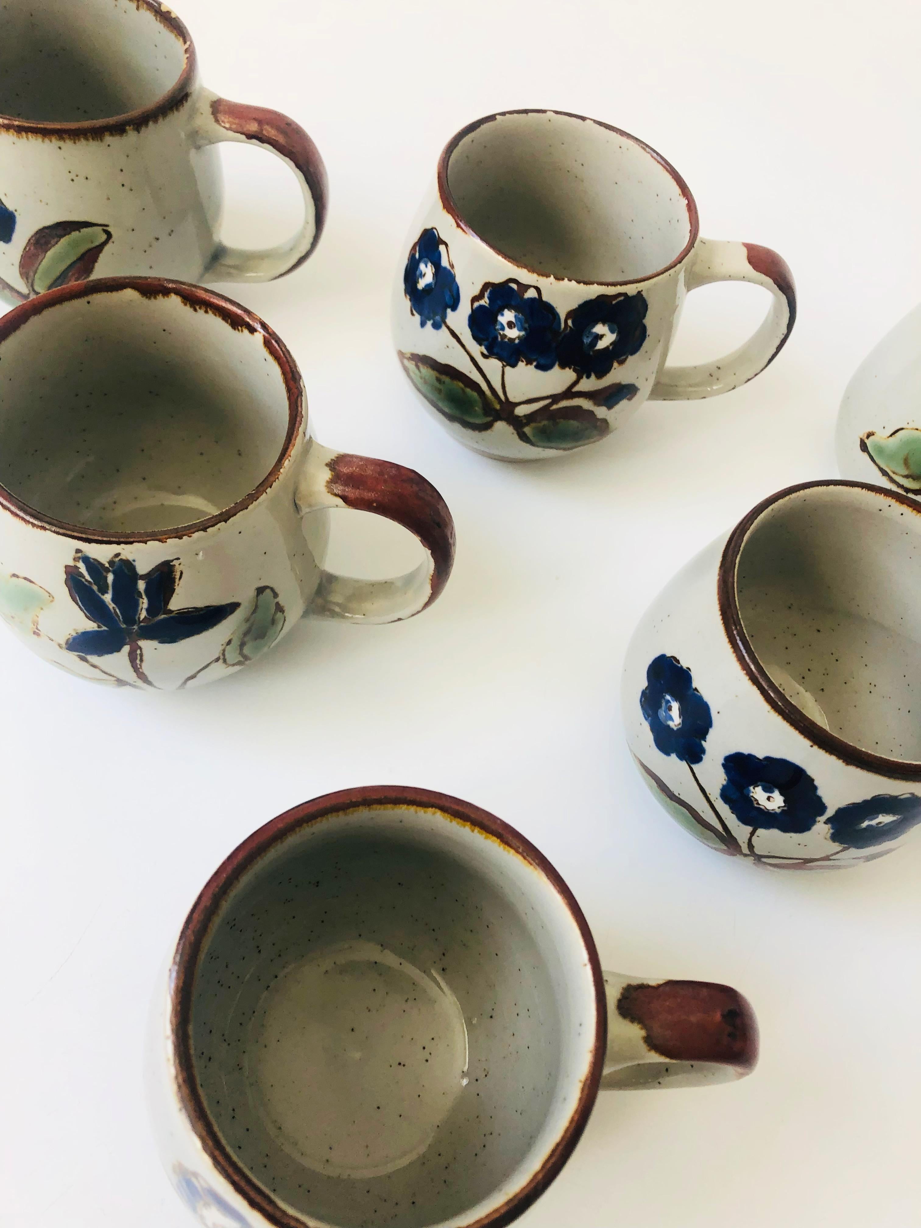 20th Century Vintage Hand Painted Floral Pottery Mugs For Sale