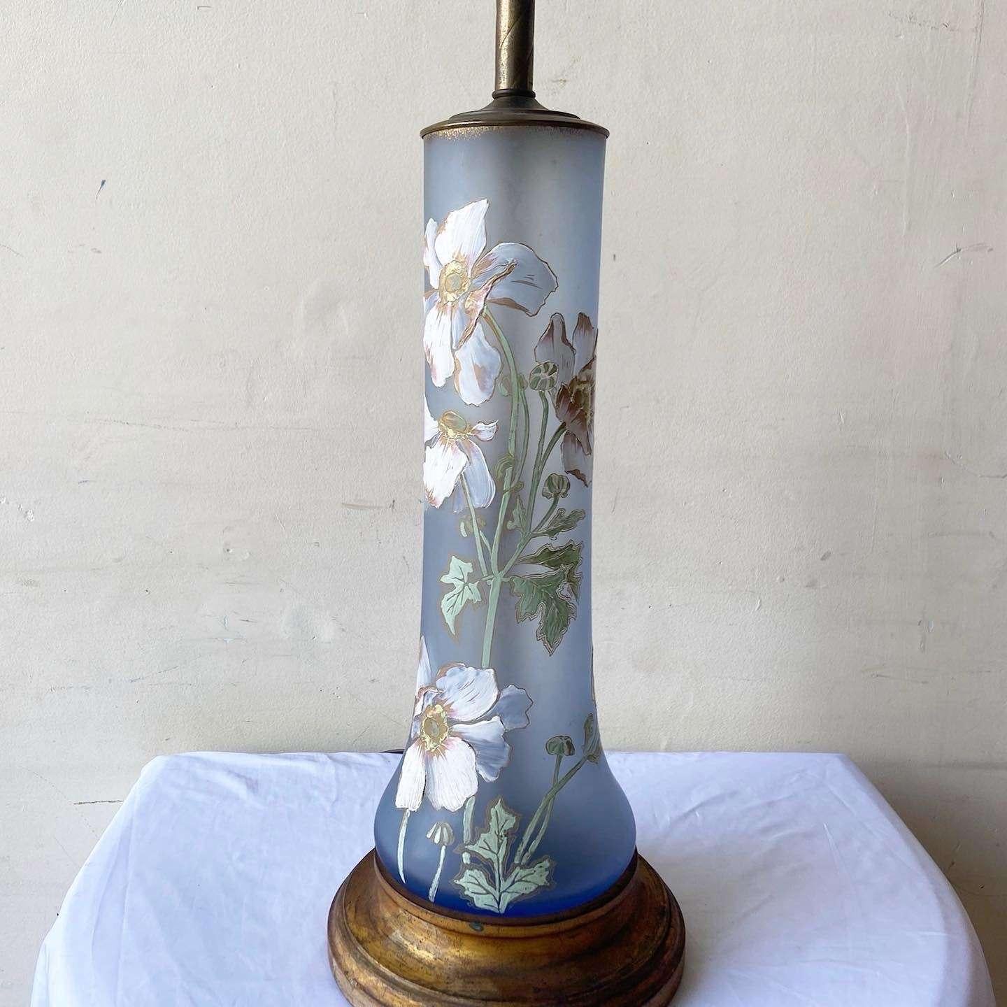 Vintage-Tischlampe mit handbemalten Blumen auf blauem Glas im Angebot 2