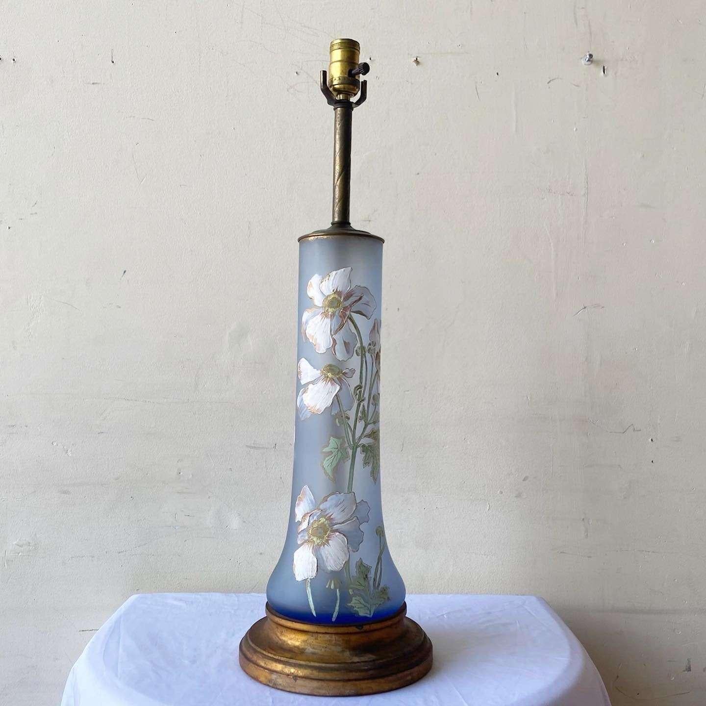 Vintage-Tischlampe mit handbemalten Blumen auf blauem Glas im Angebot