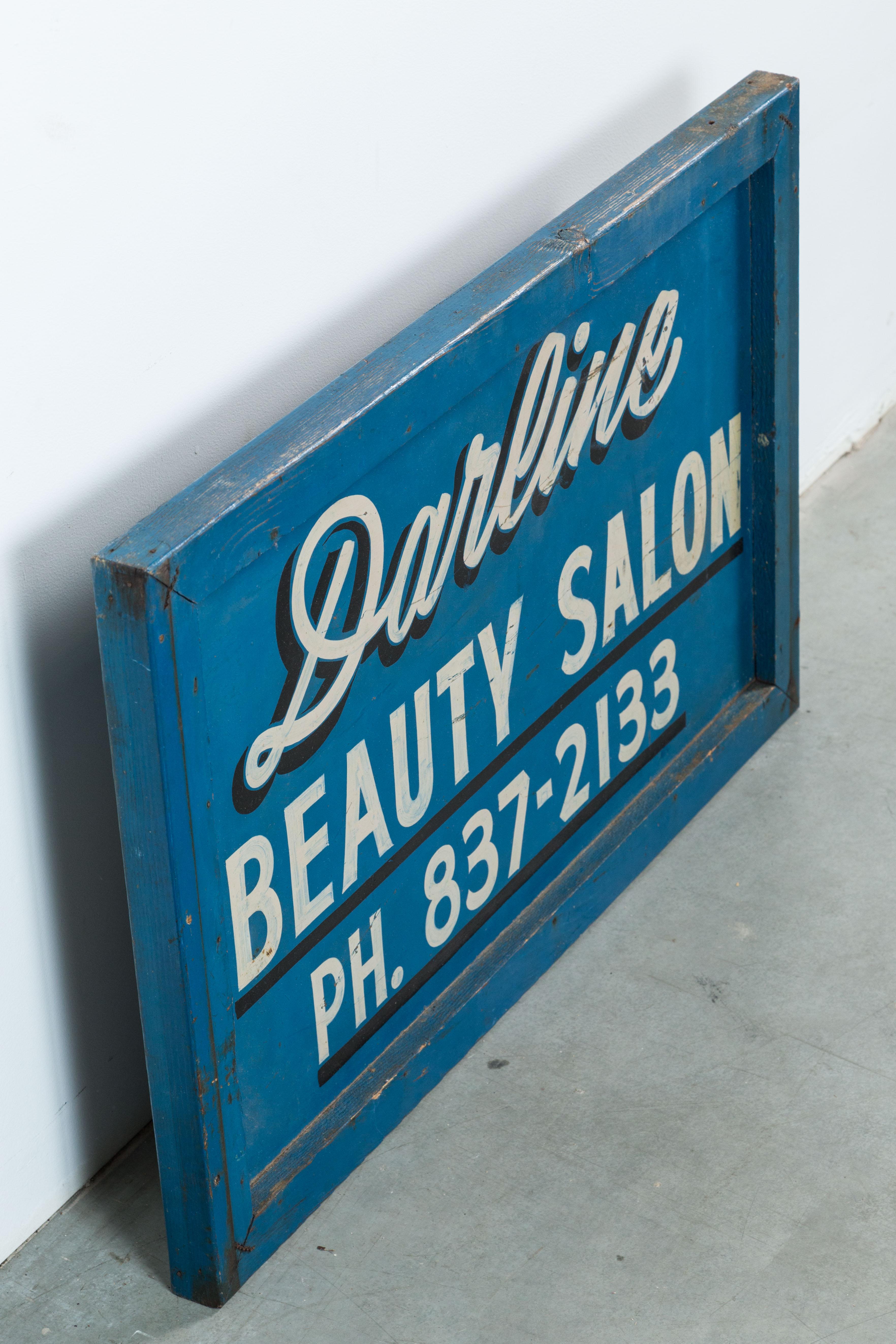 American Vintage Hand-Painted Folk Art Beauty Salon Blue Trade Sign, circa 1950s