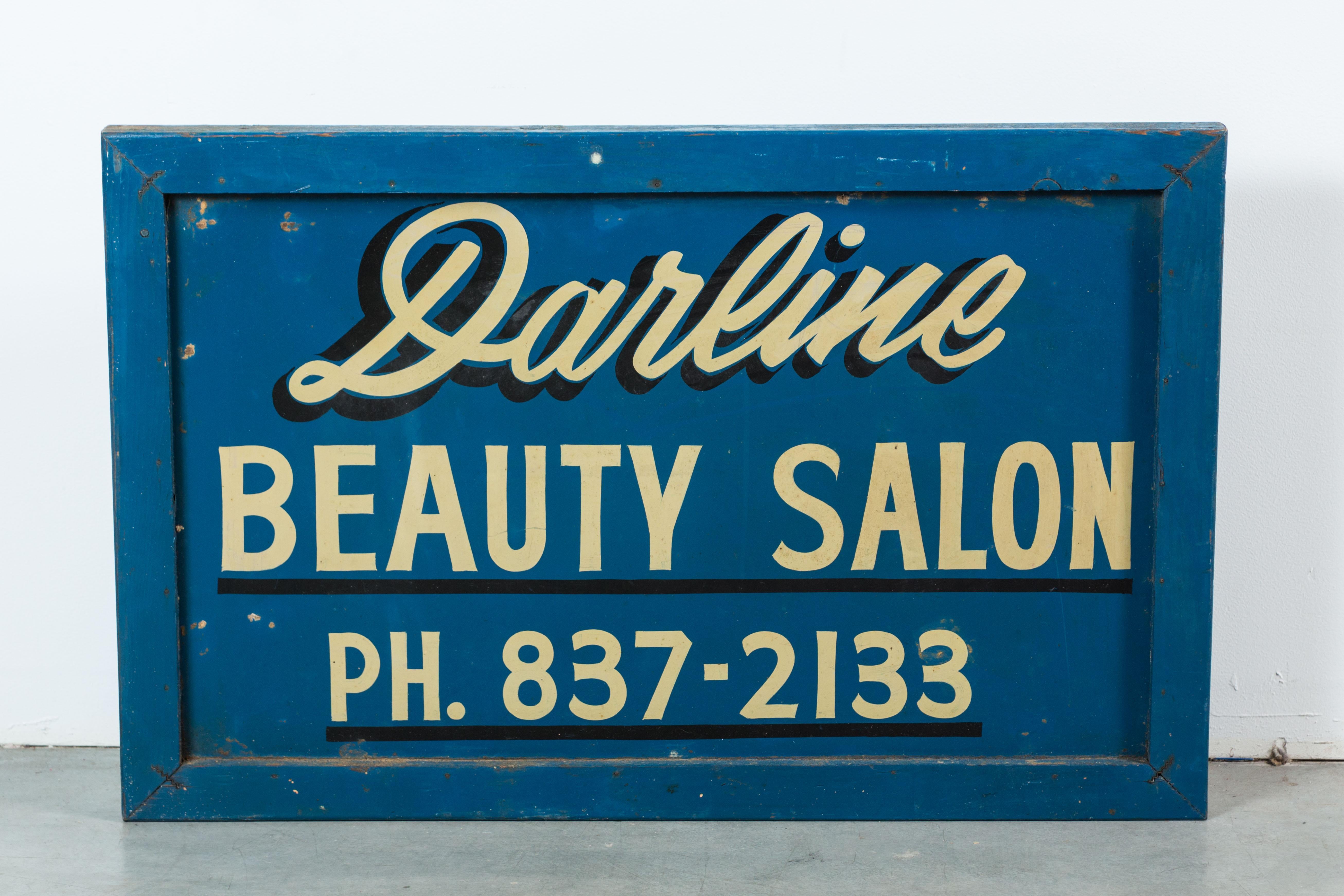 Mid-20th Century Vintage Hand-Painted Folk Art Beauty Salon Blue Trade Sign, circa 1950s