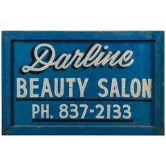 Vintage Hand-Painted Folk Art Beauty Salon Blue Trade Sign, circa 1950s
