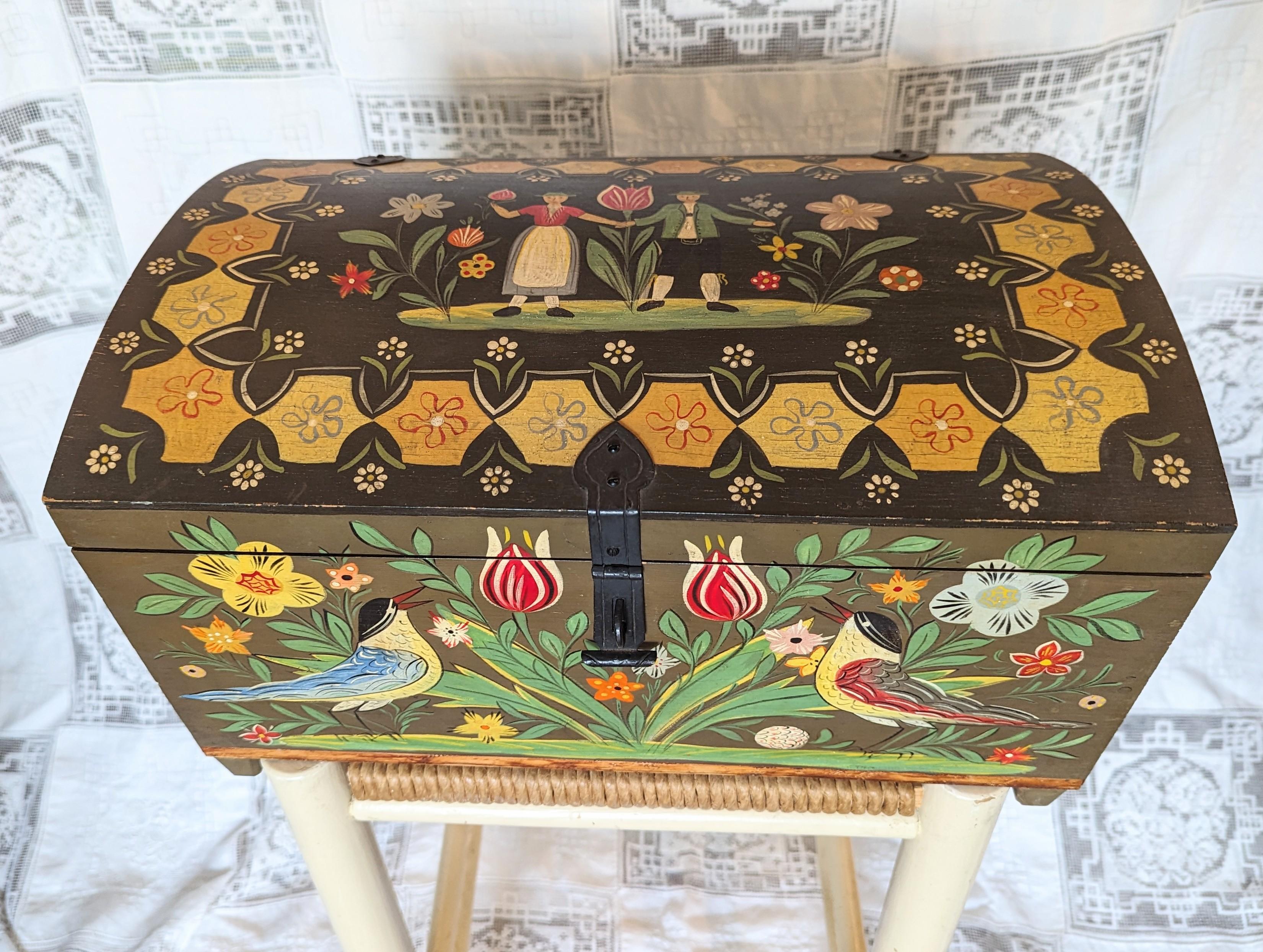 Unknown Vintage Hand Painted Folk Art Chest Box Floral Birds Traditional Medium Storage For Sale