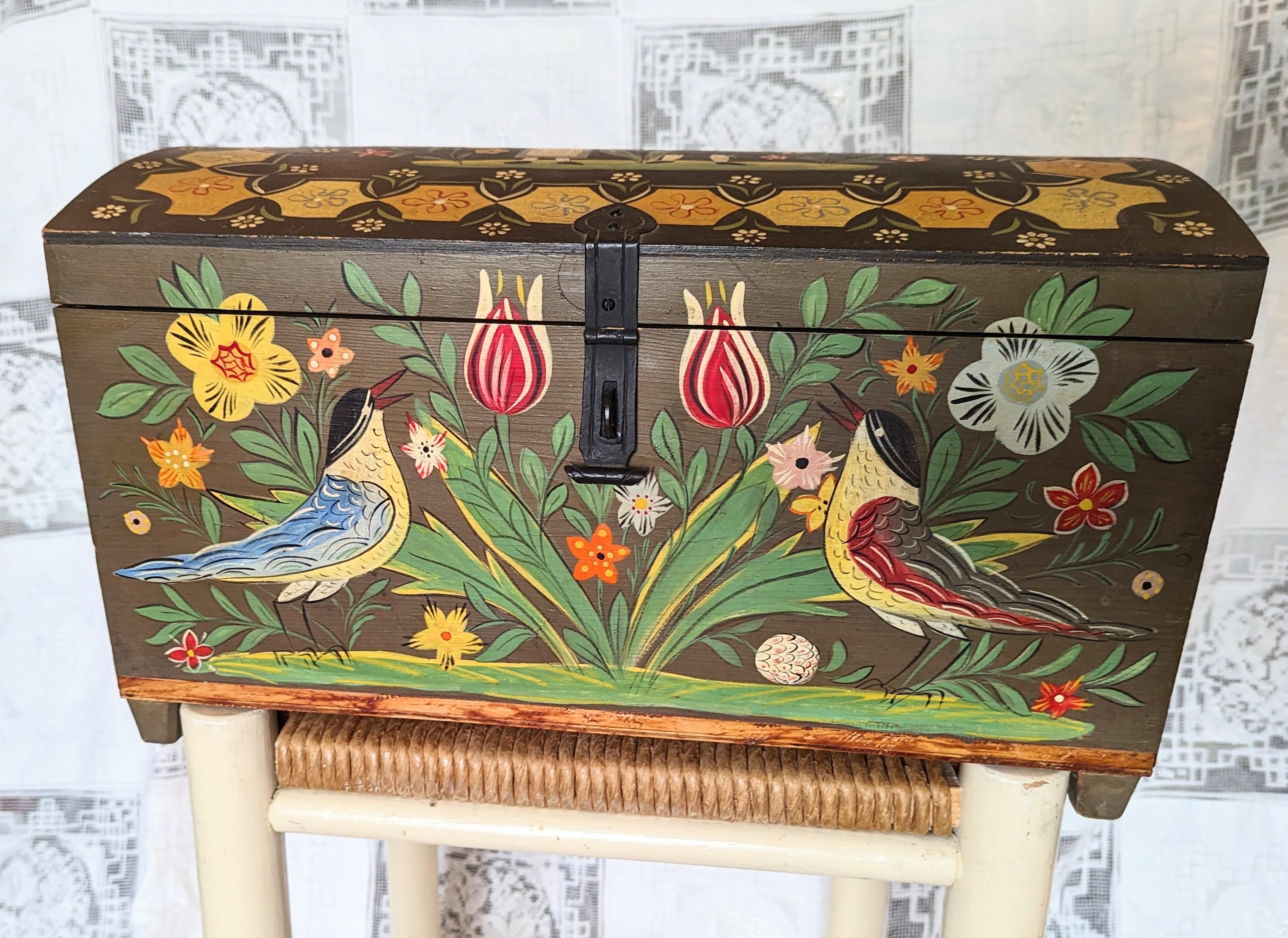 Hand-Painted Vintage Hand Painted Folk Art Chest Box Floral Birds Traditional Medium Storage For Sale