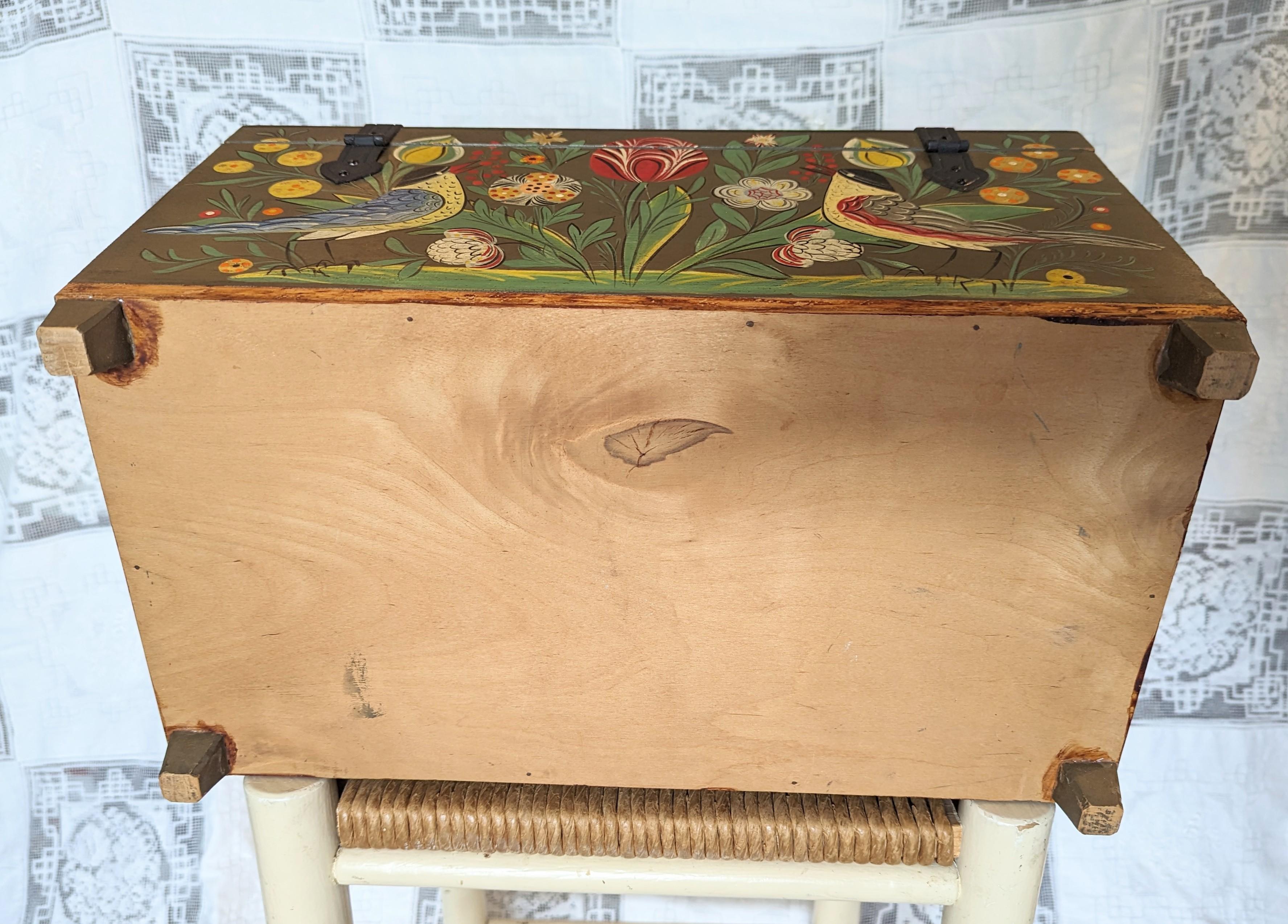 20th Century Vintage Hand Painted Folk Art Chest Box Floral Birds Traditional Medium Storage For Sale