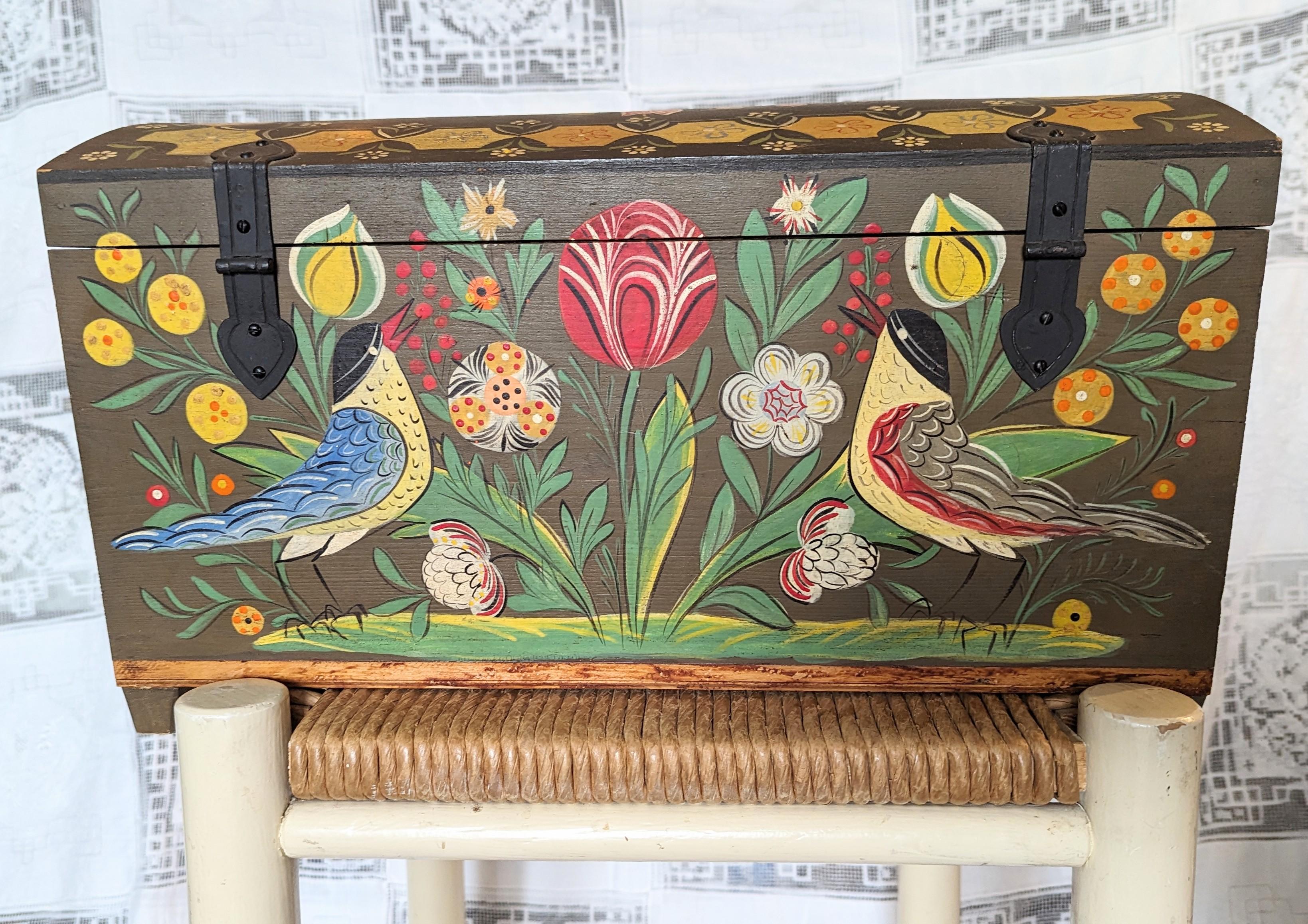 Wood Vintage Hand Painted Folk Art Chest Box Floral Birds Traditional Medium Storage For Sale
